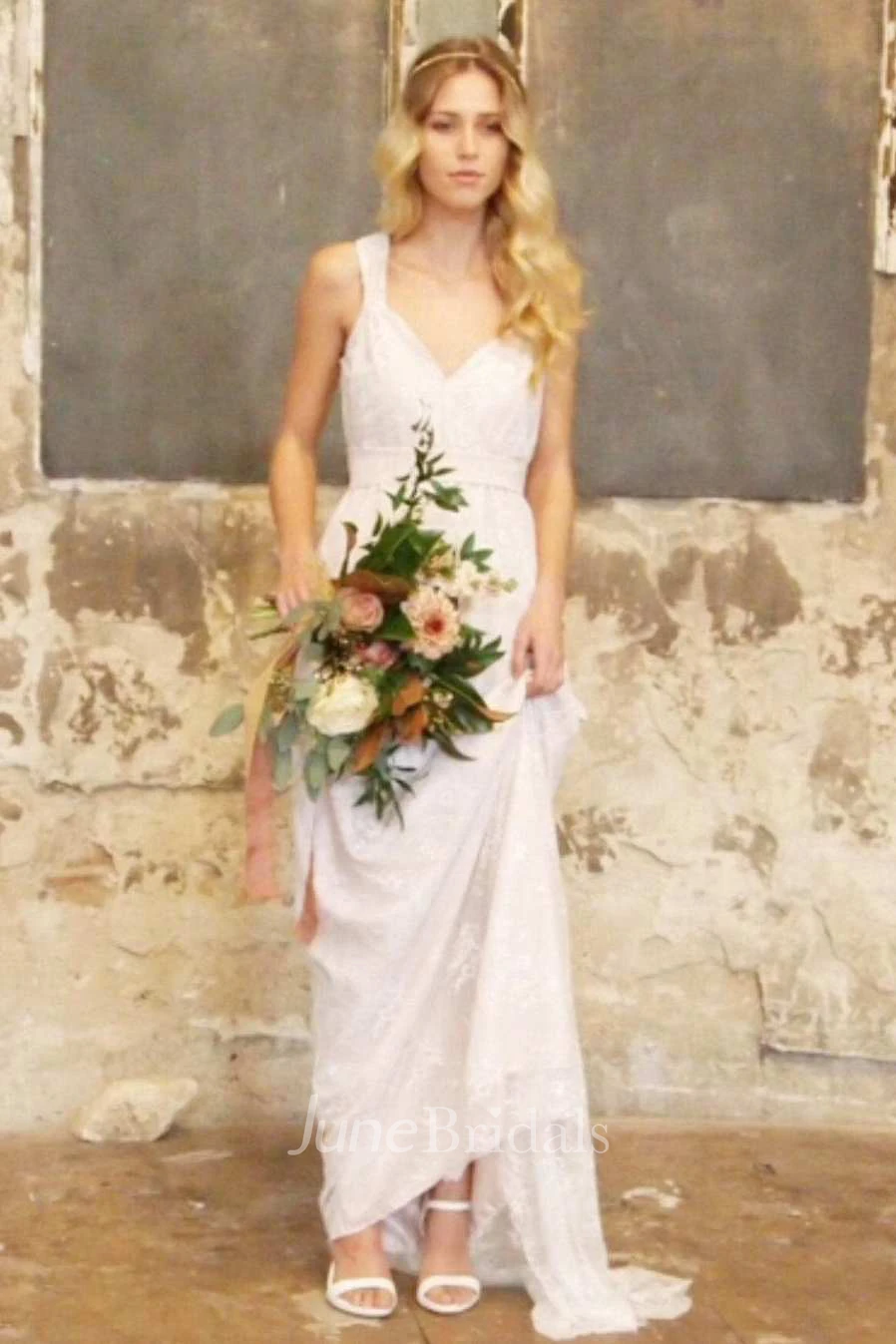 V-Neck Satin Bowed Sash Ribbon Lace Backless Wedding Dress