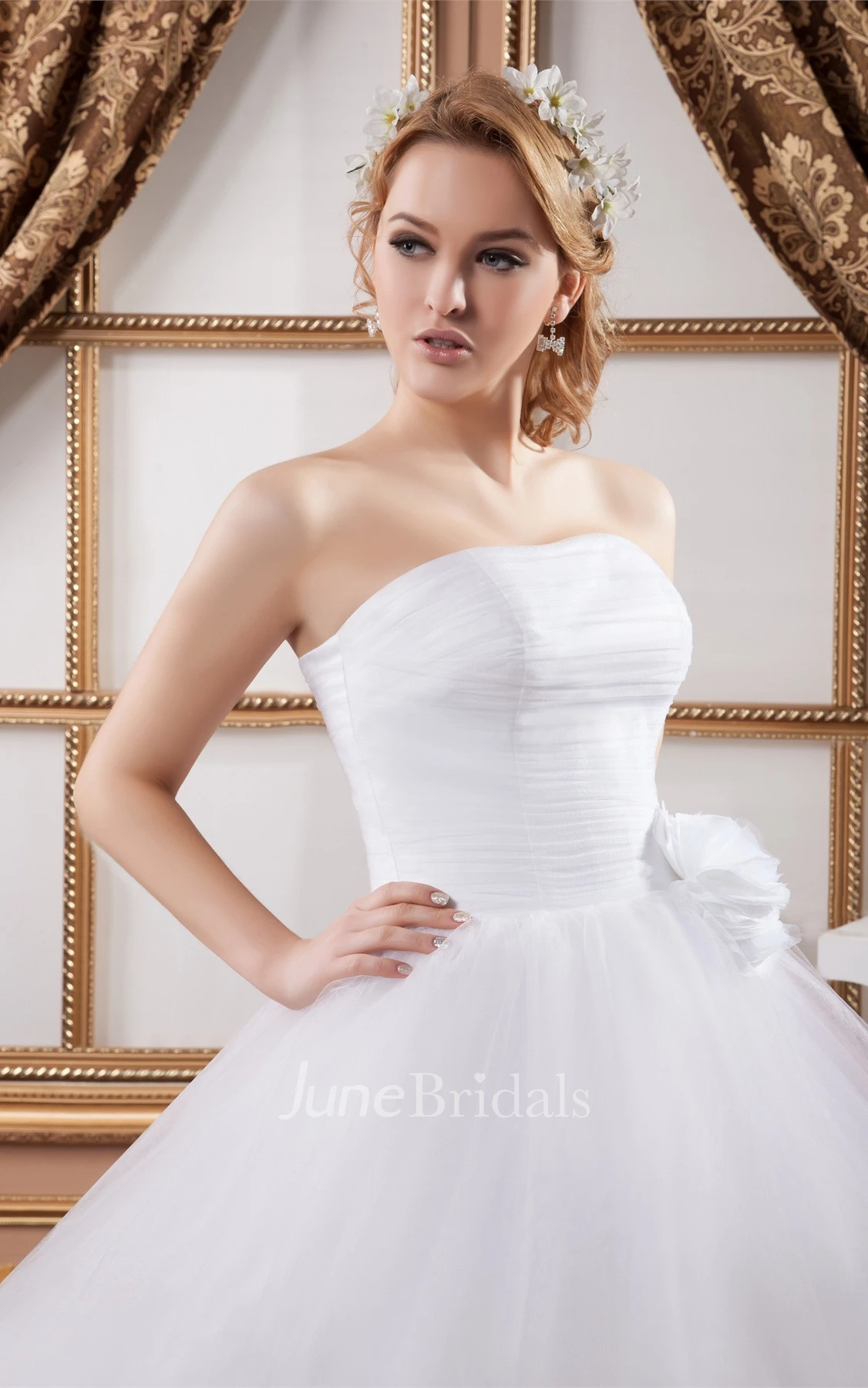 Strapless Tulle Ball Gown with Tiers and Flower