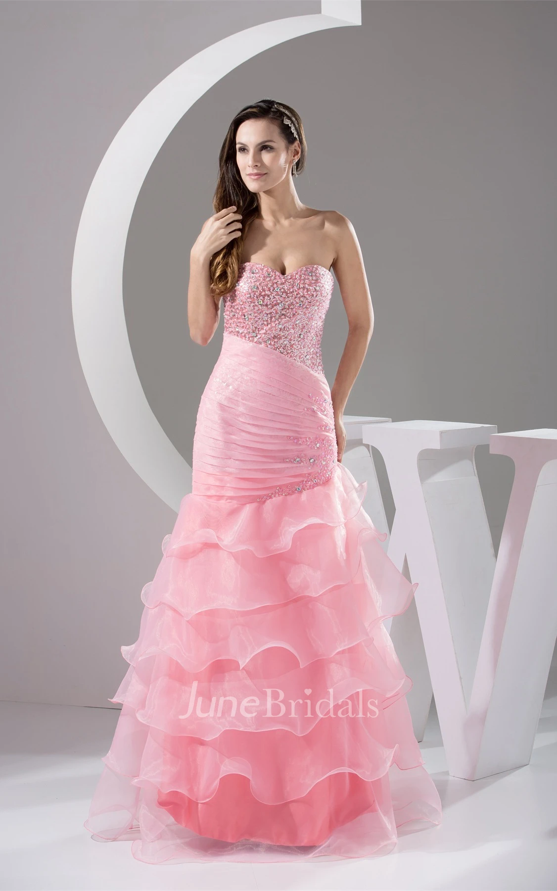 Sweetheart Column Tiered Dress with Jeweled Bodice