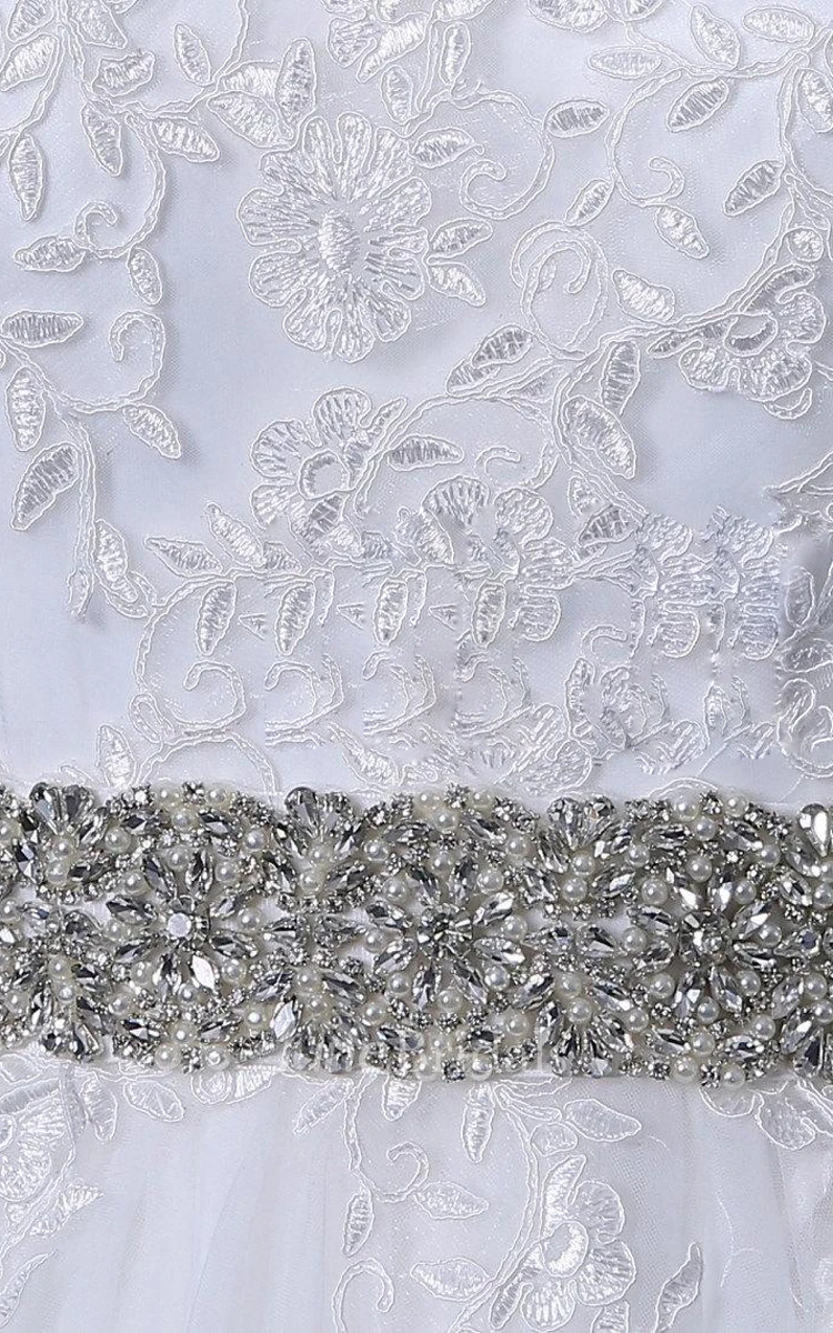 Cathedral Train Tulle Lace Satin Dress With Beading Appliques Illusion