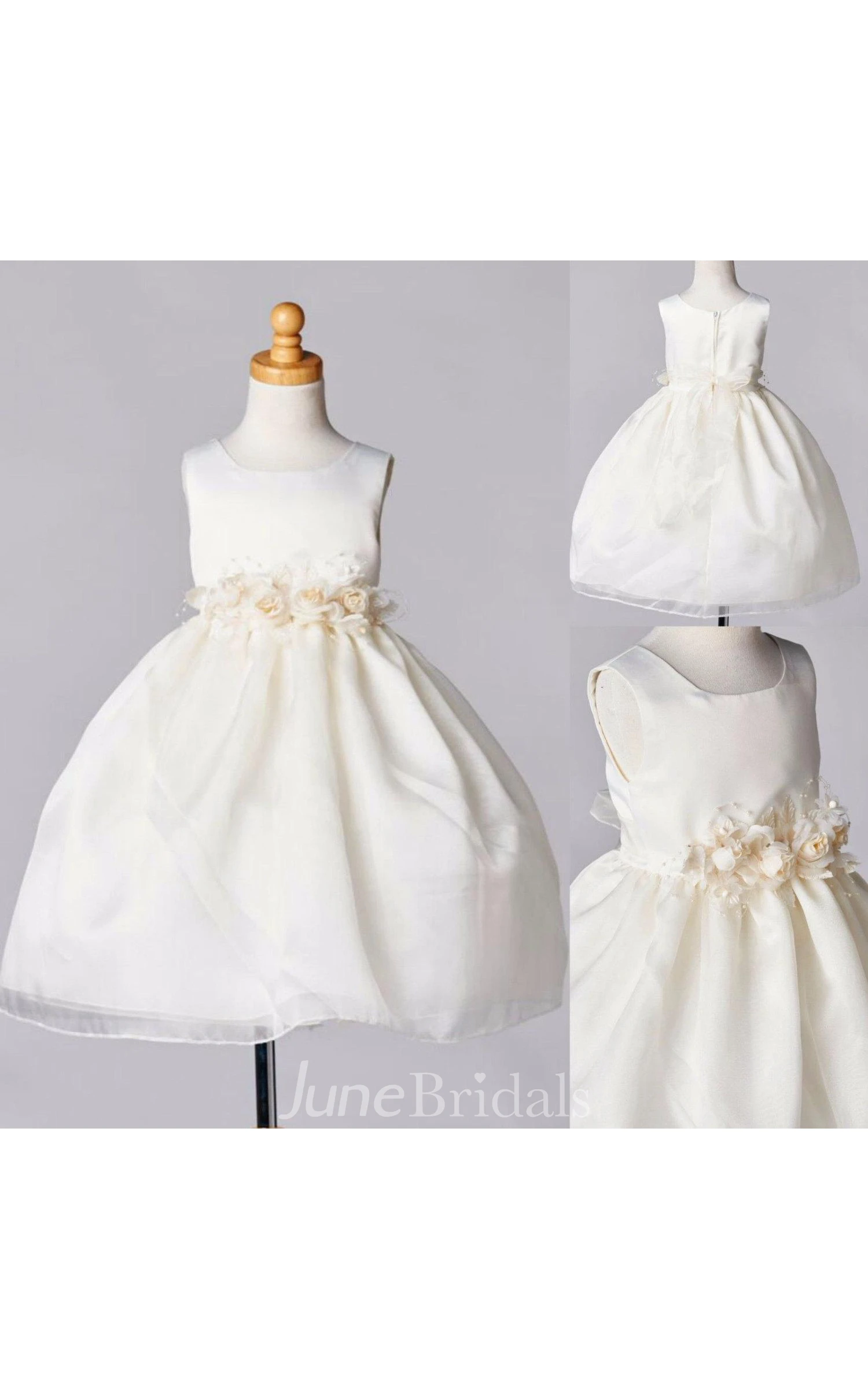 Flower Girl Dress Ivory Satin Organza Layered Skirt With Flowers Waist