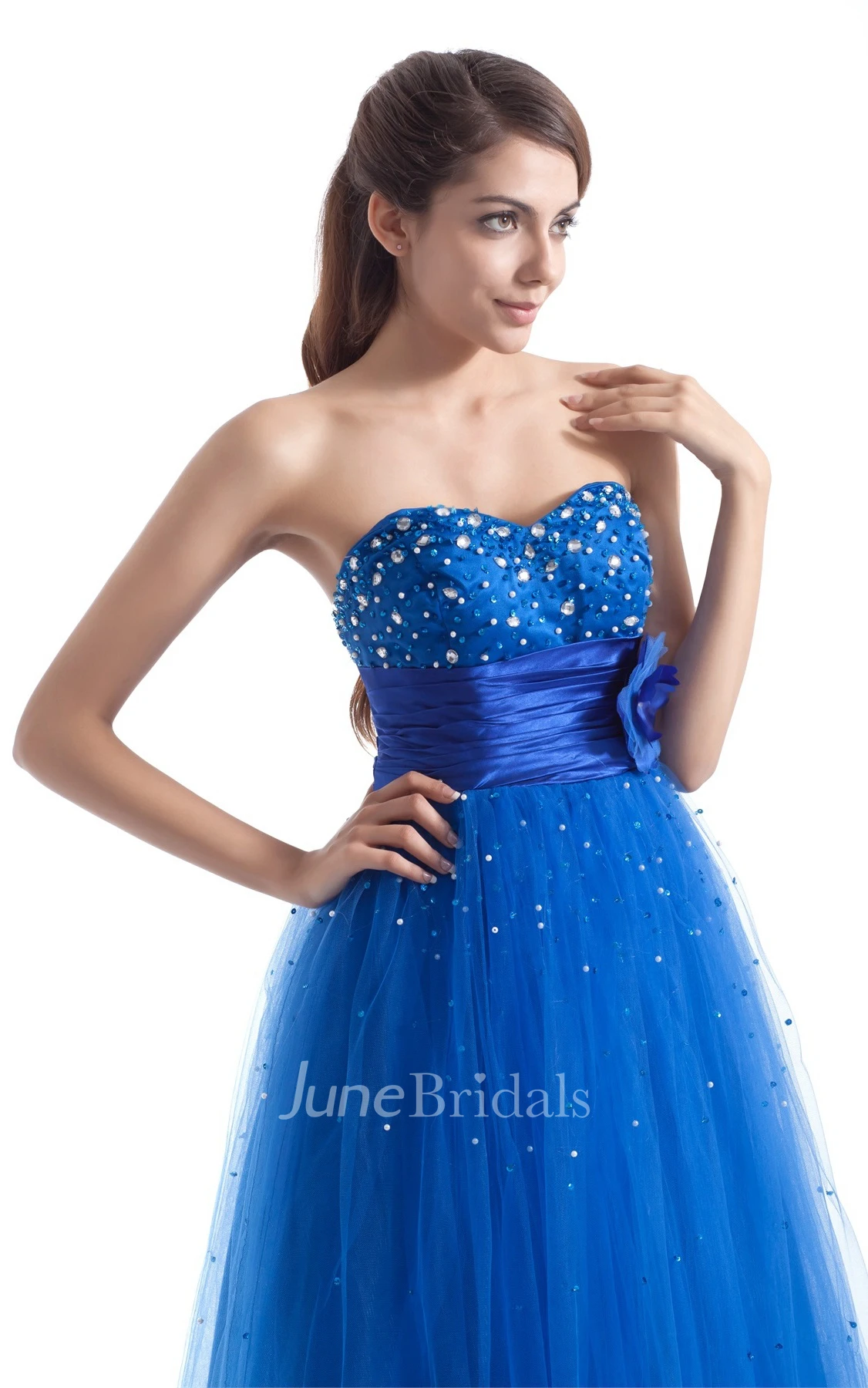 sweetheart a-line tulle dress with floral waist and beading