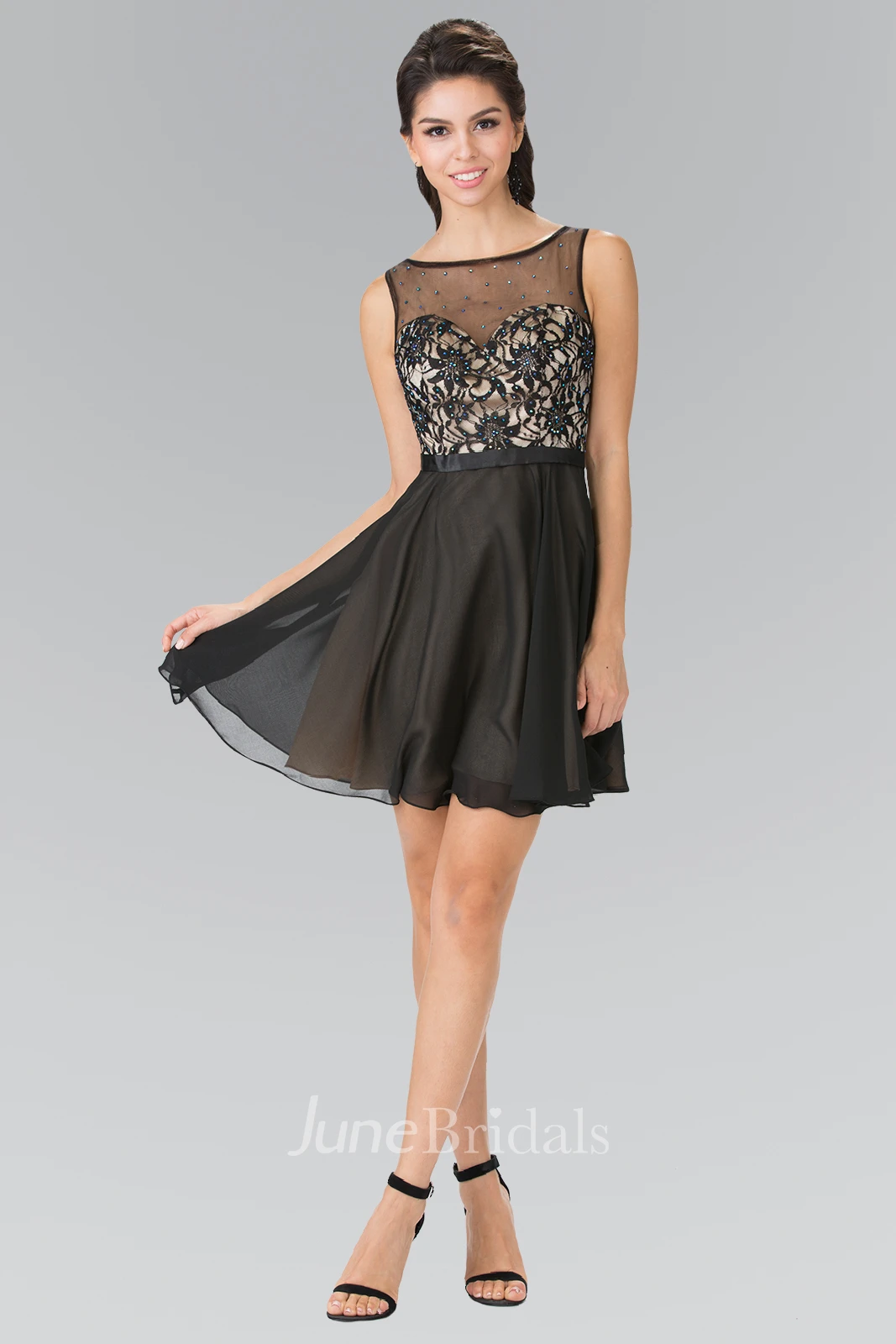 A-Line Short Bateau Sleeveless Deep-V Back Dress With Appliques And Beading