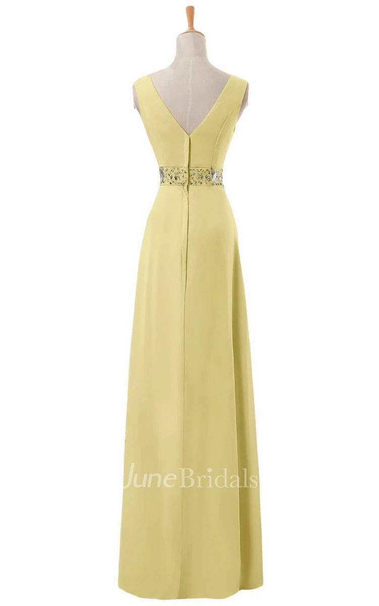 V-neck Long Empire Chiffon Dress With Rhinestones