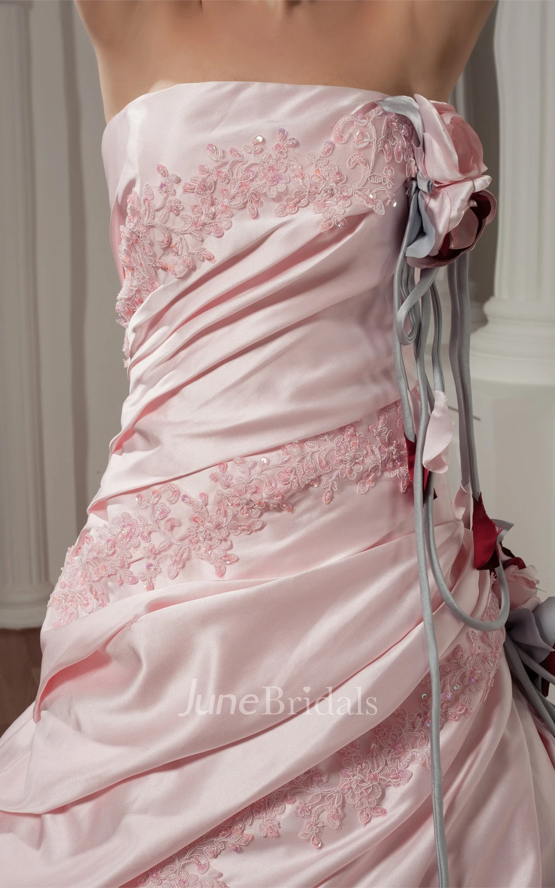 Strapless Appliqued Ball Gown with Flower and Side Ruching