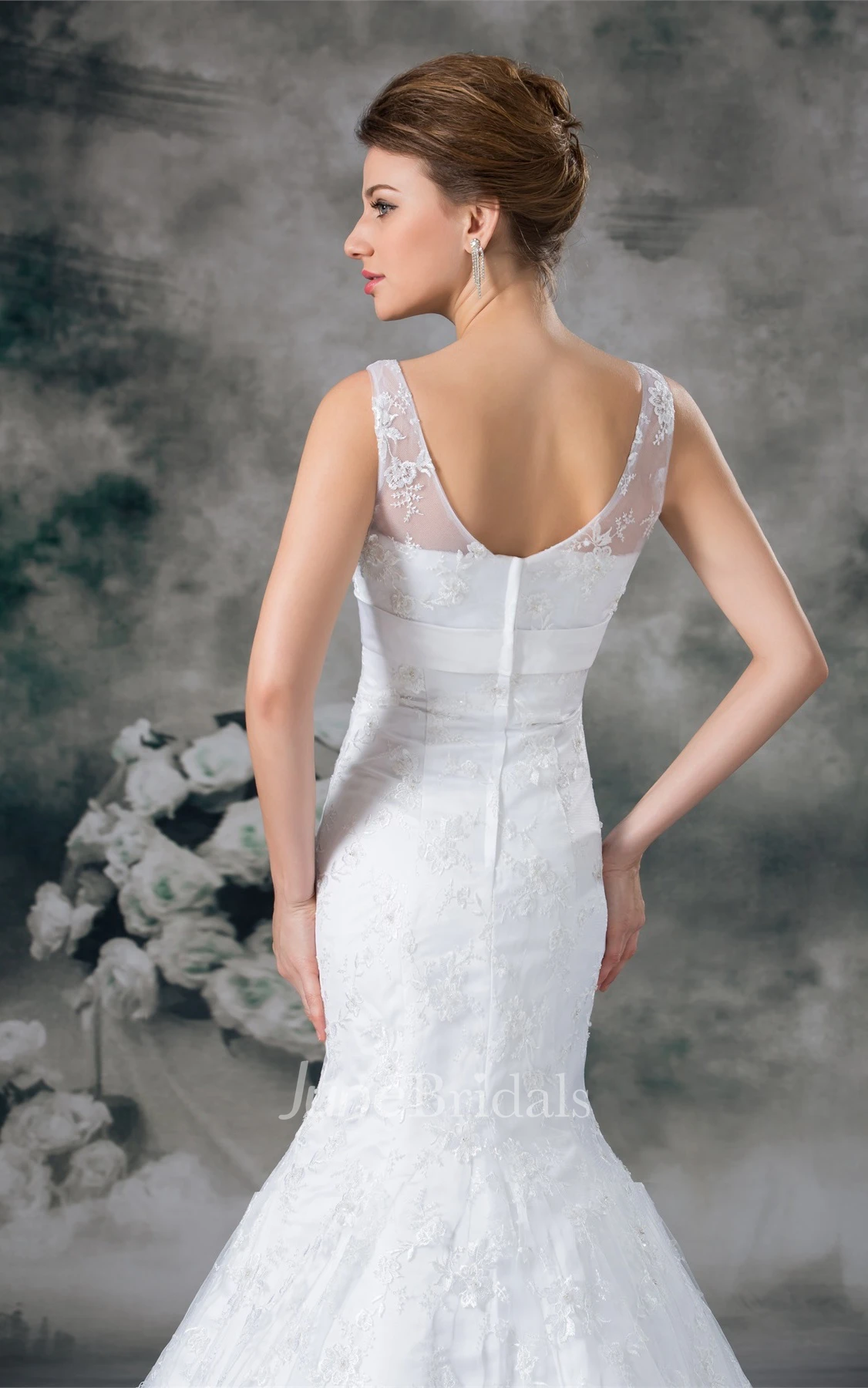 plunged mermaid sleeveless gown with low-v back and lace