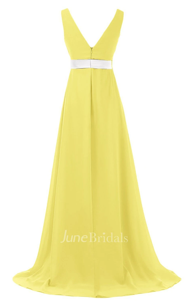V-neck Pleated Chiffon A-line Gown With Beaded Band