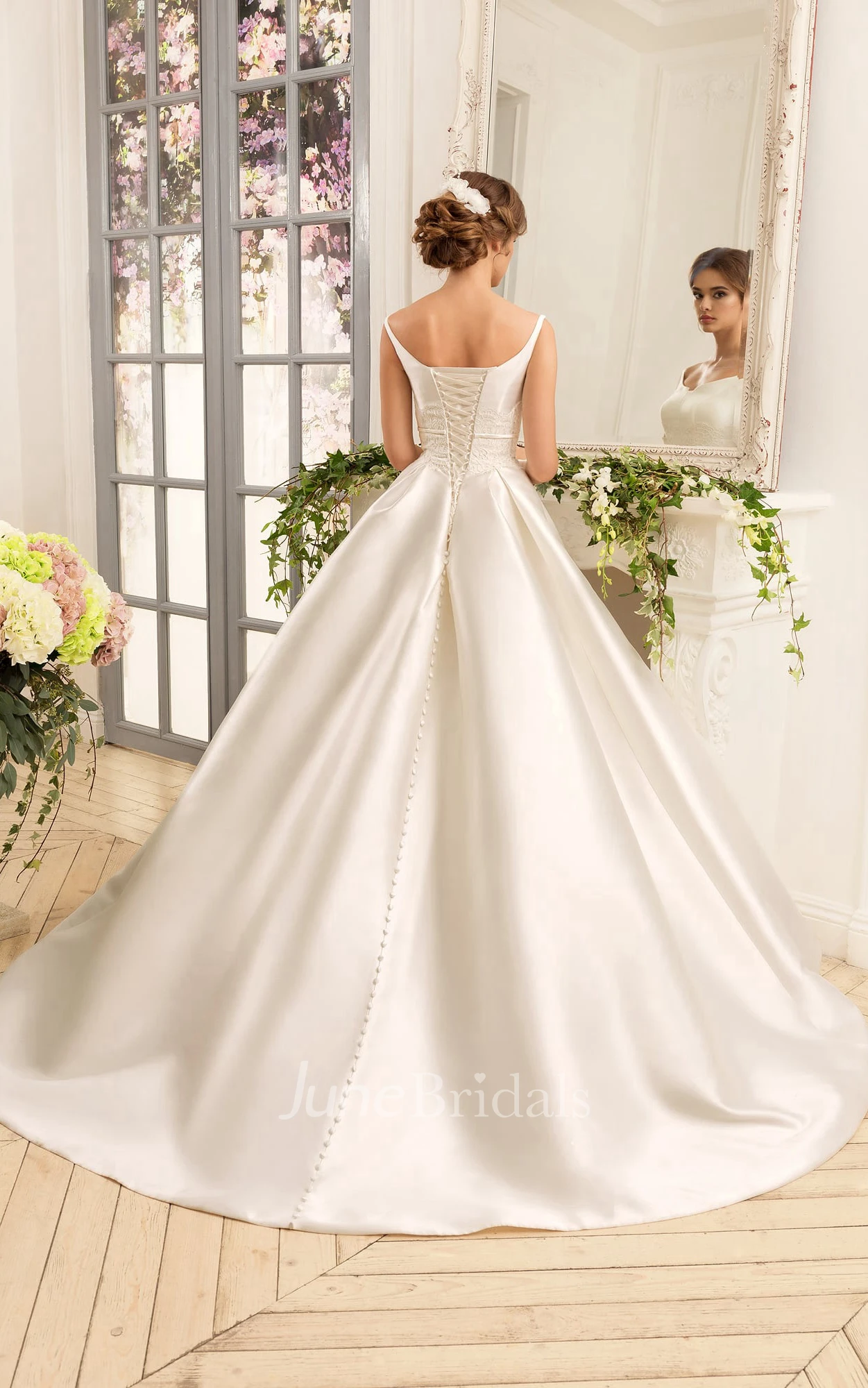 A-Line Floor-Length Off-The-Shoulder Lace-Up Satin Dress