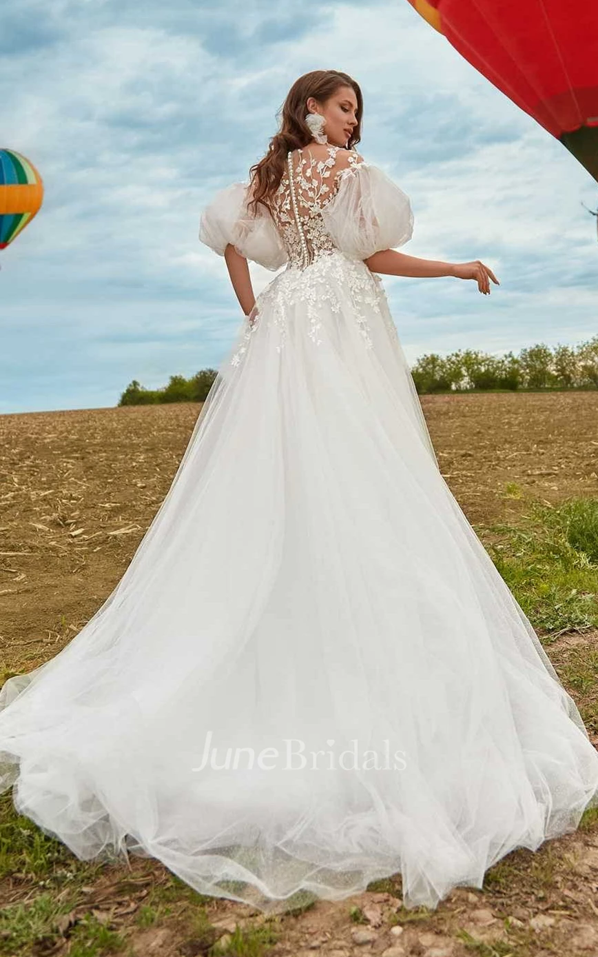Bohemian A Line Tulle Court Train Wedding Dress with Appliques