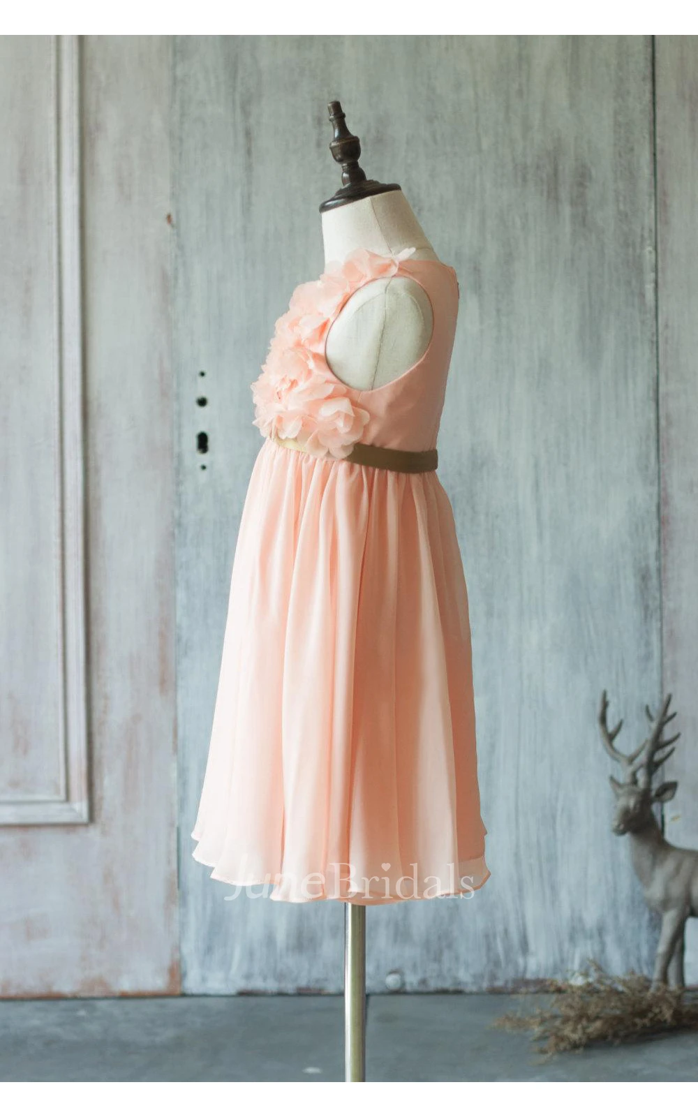 Peach Empire Waist Pleated A-line Chiffon Rosette Dress With Gold Belt