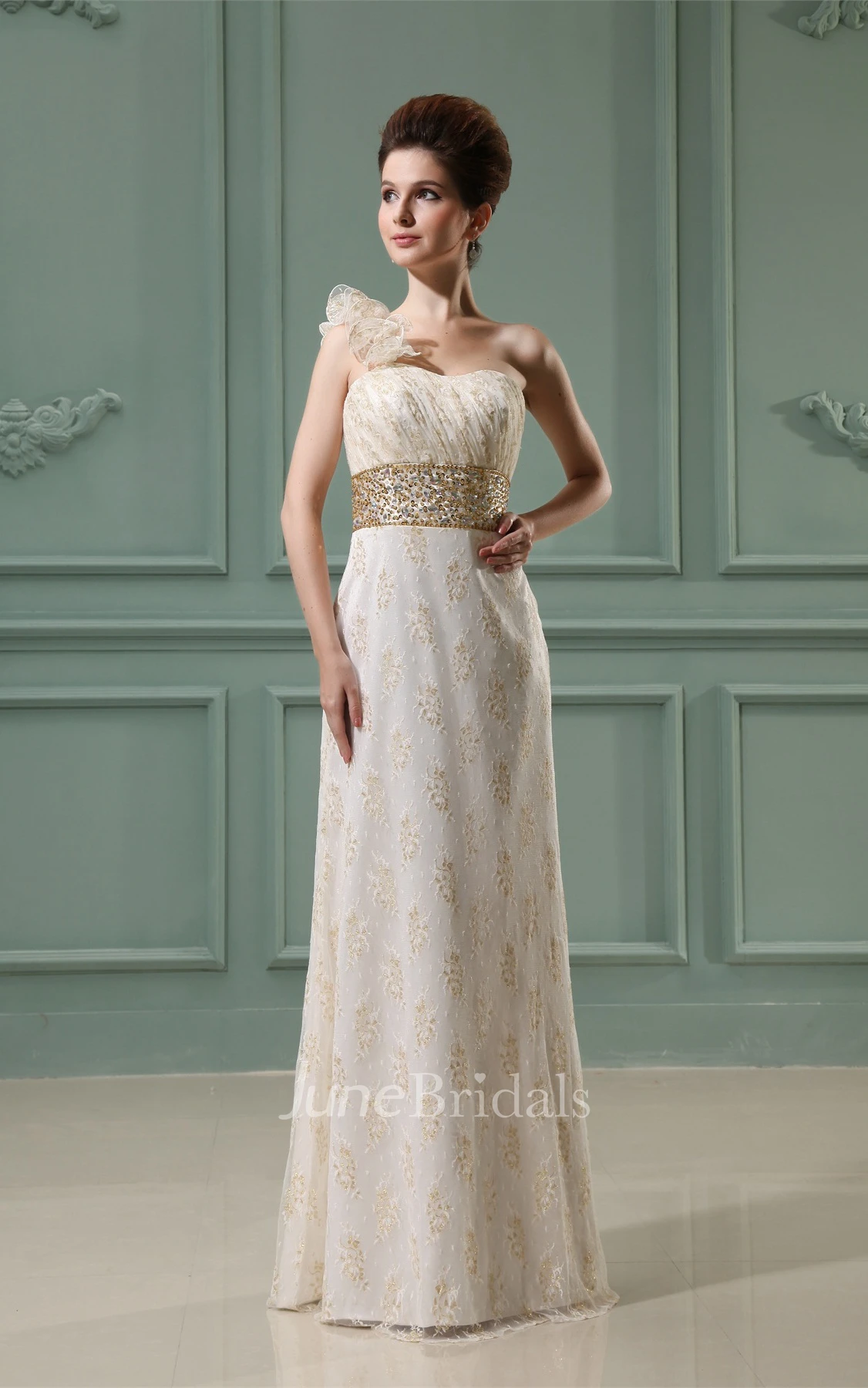One-Strap Strapless Ruched Sheath Dress with Appliques and Jeweled Waist