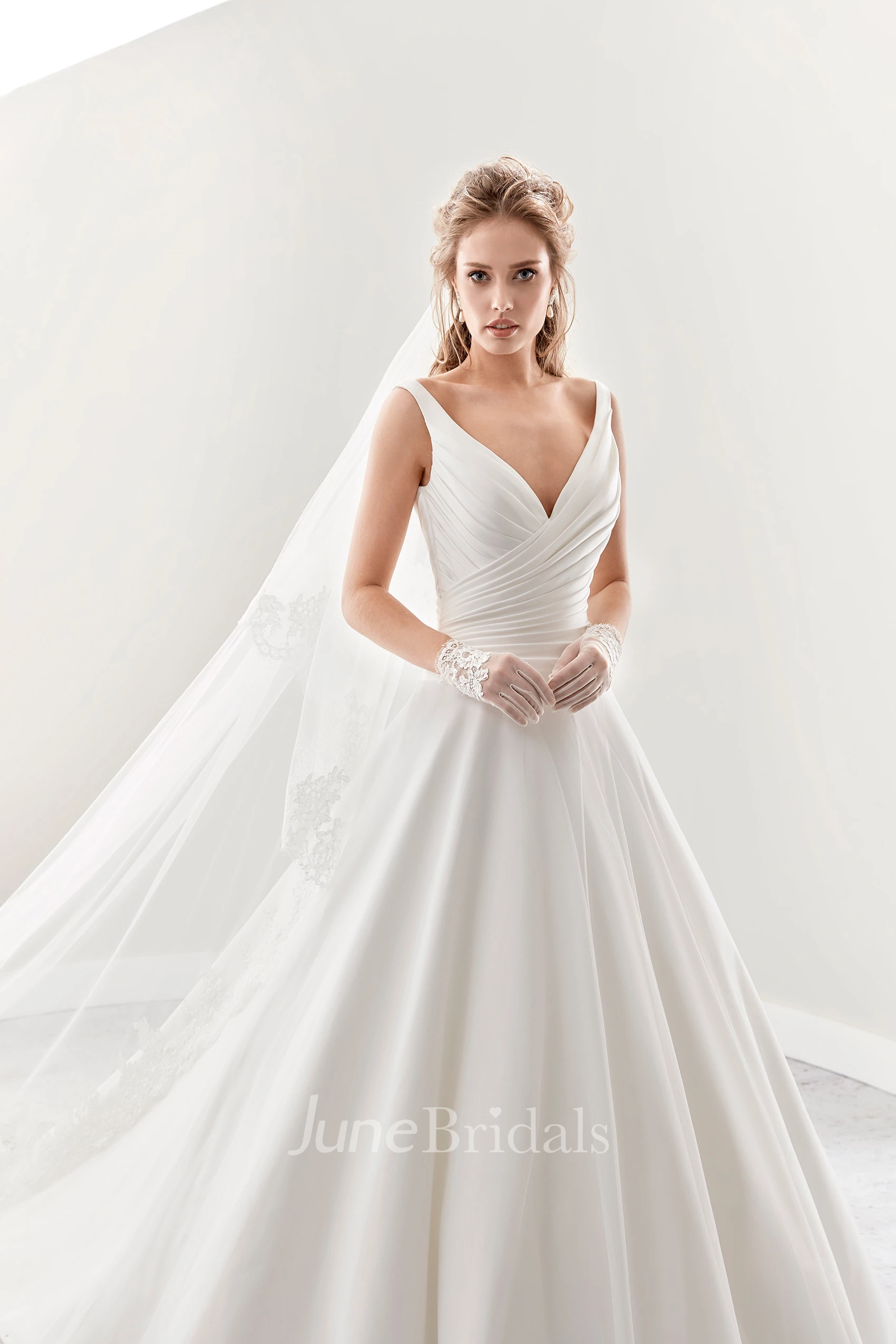 V-Neck A-Line Pleated Bridal Gown With Low-V Back And Brush Train