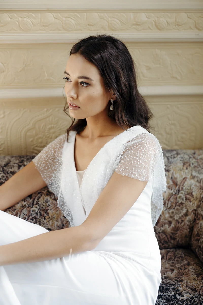 Illusion Beaded Sleeves Plunging V-neck Elegant Sheath Wedding Dress With Court Train