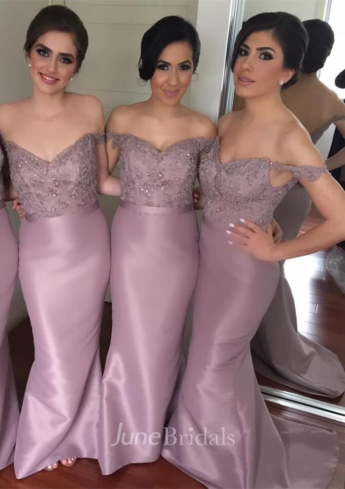 Modern Mermaid Lace Appliques Bridesmaid Dress Off-the-shoulder Sweep Train