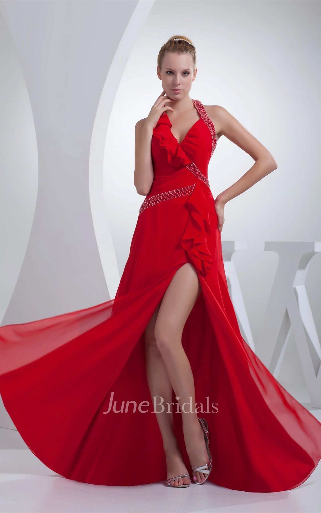 V-Neck Sleeveless Floor-Length Dress with Beading and Front Slit