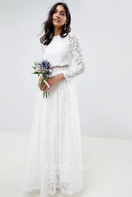 Simple Lace Two Piece Jewel-neck Long Sleeve Wedding Dress