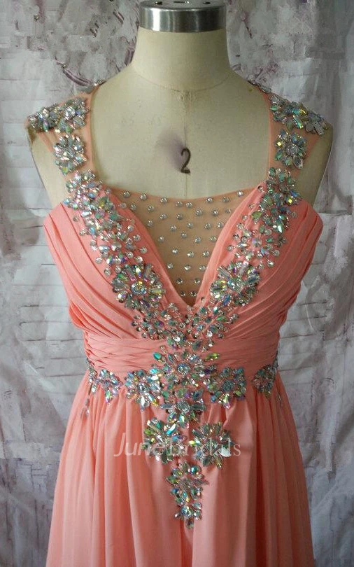 A-line Cap Sleeved Chiffon Dress With Beading And Keyhole Back