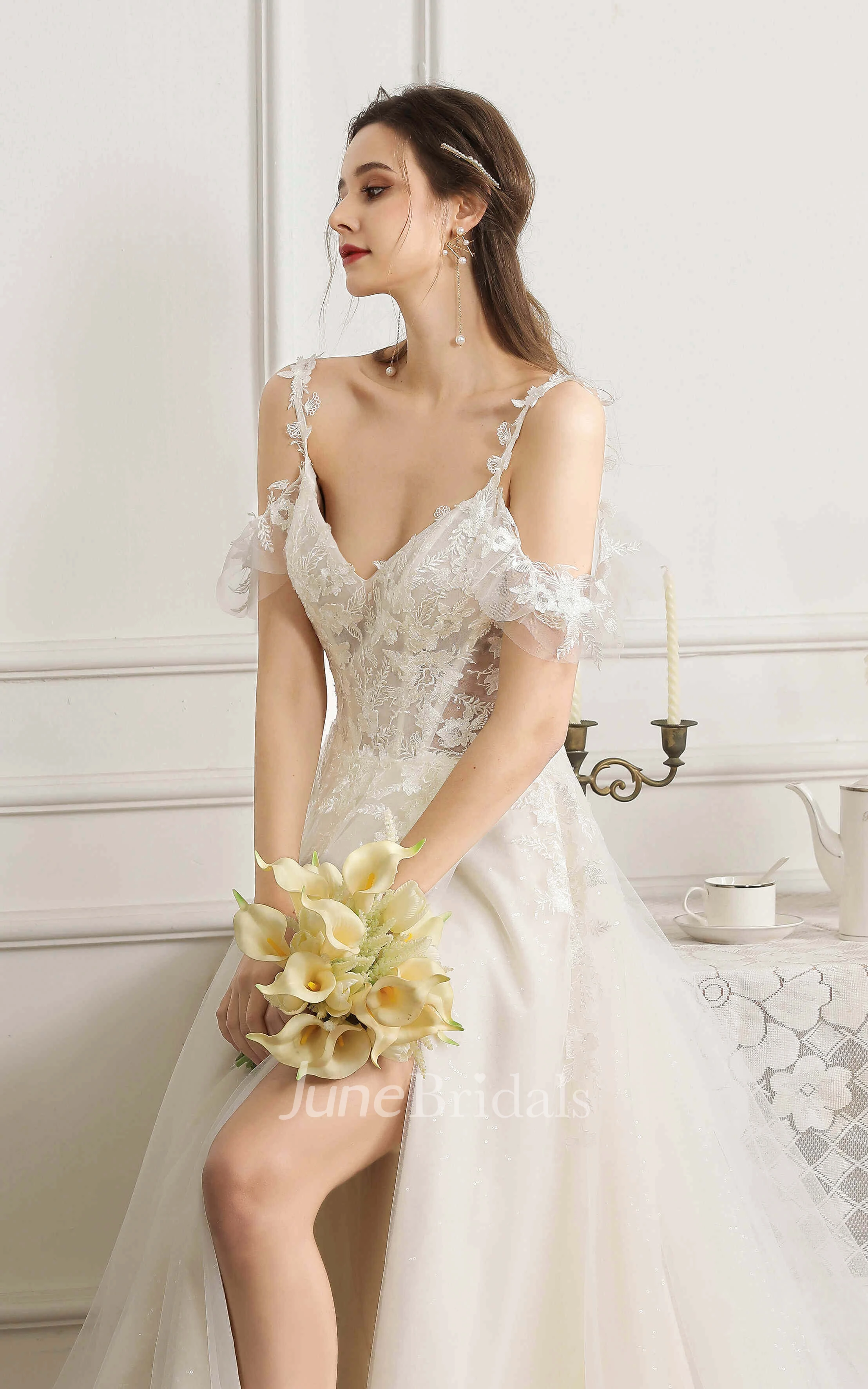 Lace Appliqued Sexy Front Split Wedding Dress With Straps And Off-the-shoulder Sleeves With Boning