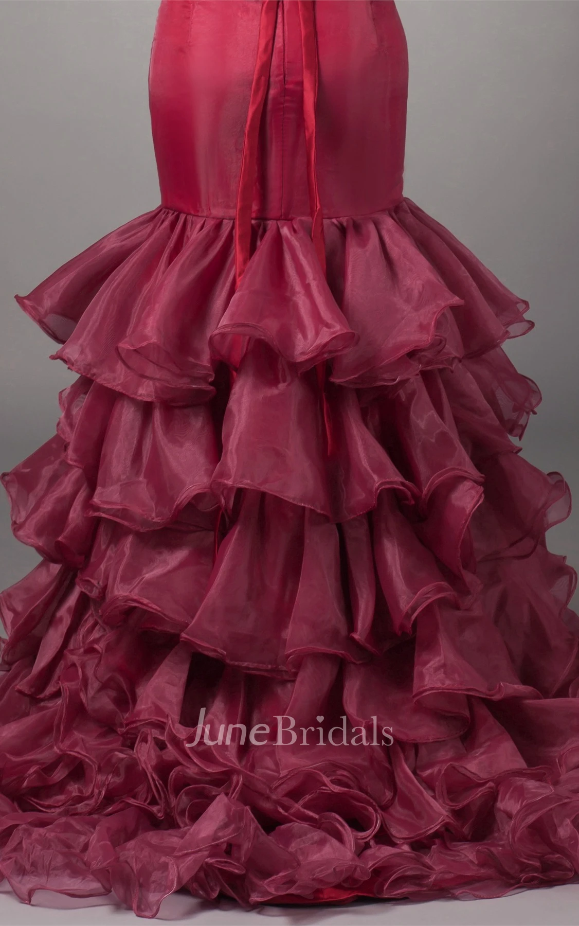 Strapless Mermaid High-Low Gown with Ruffles and Sweep Train