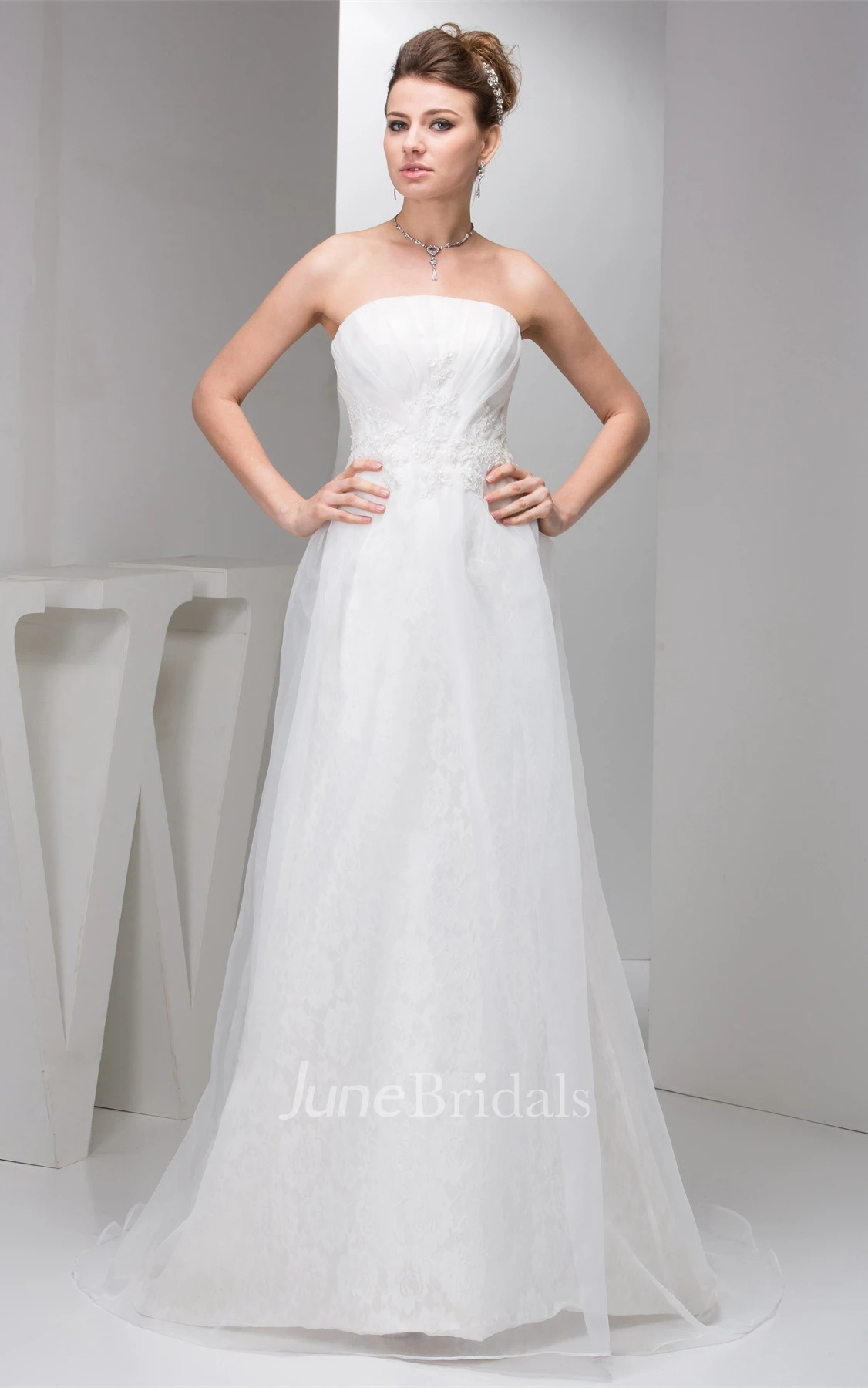 Strapless Chiffon Tulle A-Line Gown with Lace