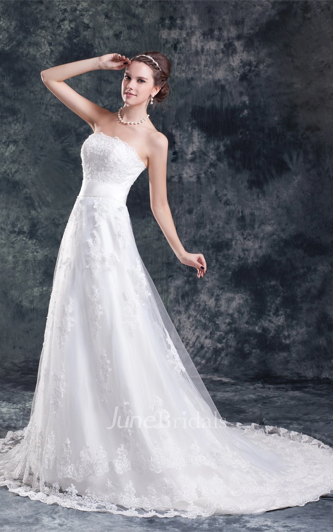 strapless appliqued a-line dress with court train and tulle