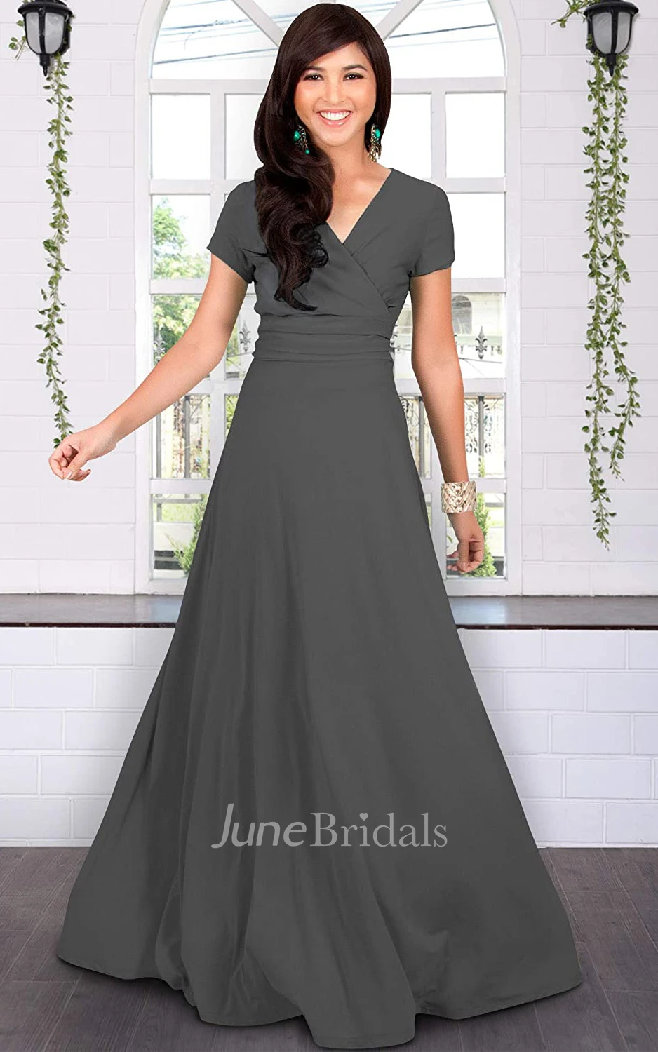 A Line V-neck Jersey Short Sleeve Prom Dress With Criss Cross and Pleats