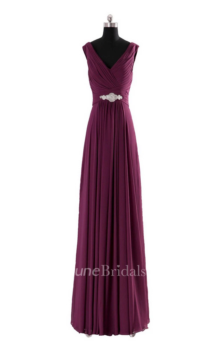 Sleeveless V-neck Long Empire Beaded Chiffon Dress