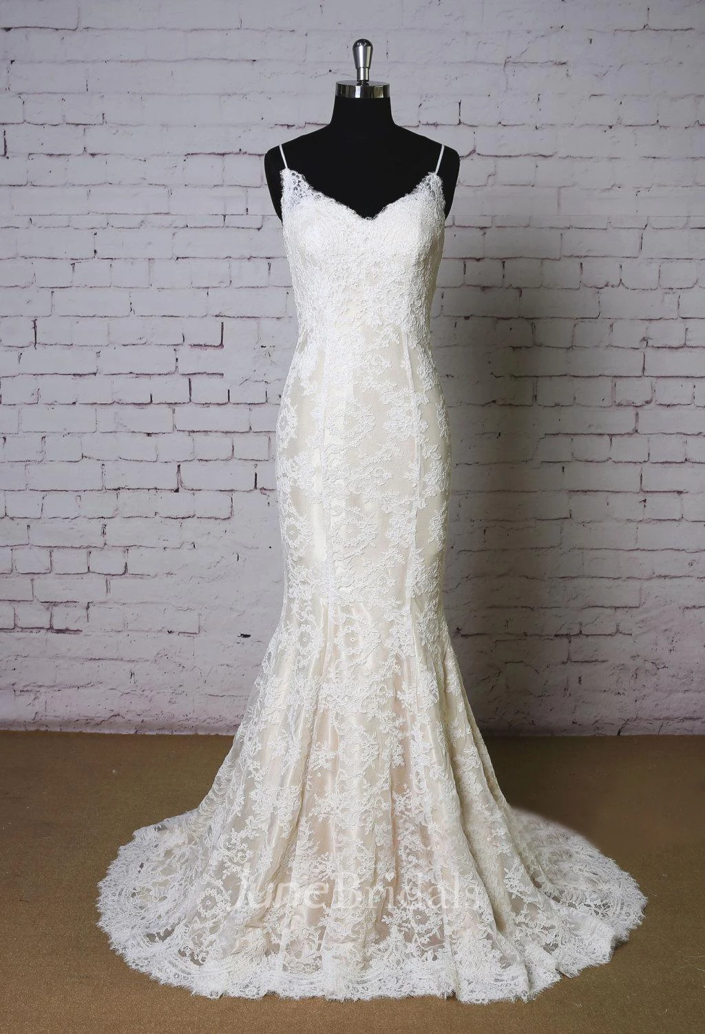 Spaghetti Strap Lace Mermaid Wedding Dress With Champagne Underlay