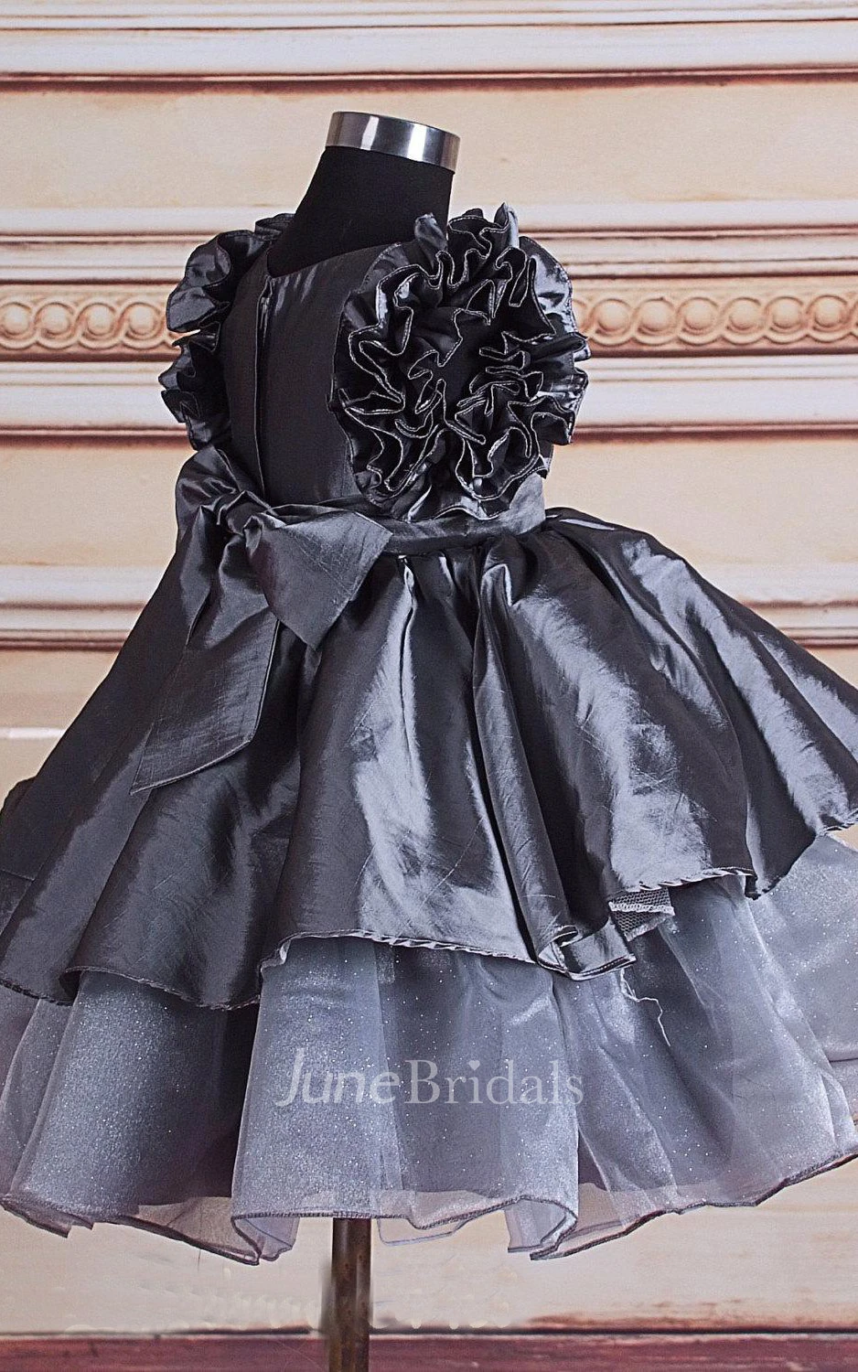 Ruffled Short Sleeve Layered Organza&Taffeta Dress 