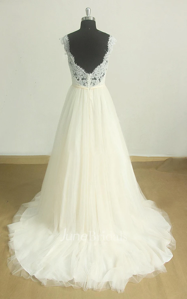 Romantic Open Back Lace Tulle Wedding With Pale Blush Skirt Dress