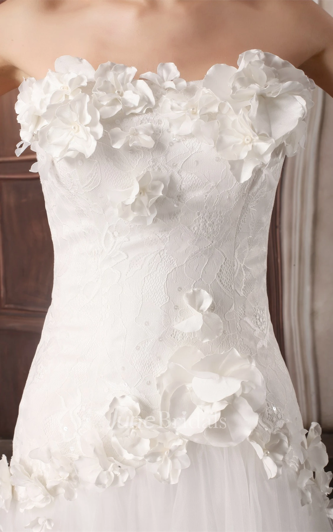 floral a-line strapless dress with tulle overlay and lace