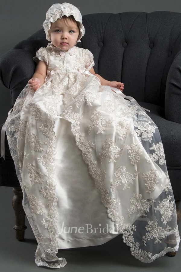 Delicate Lace Christening Gown With Appliques And Ribbons