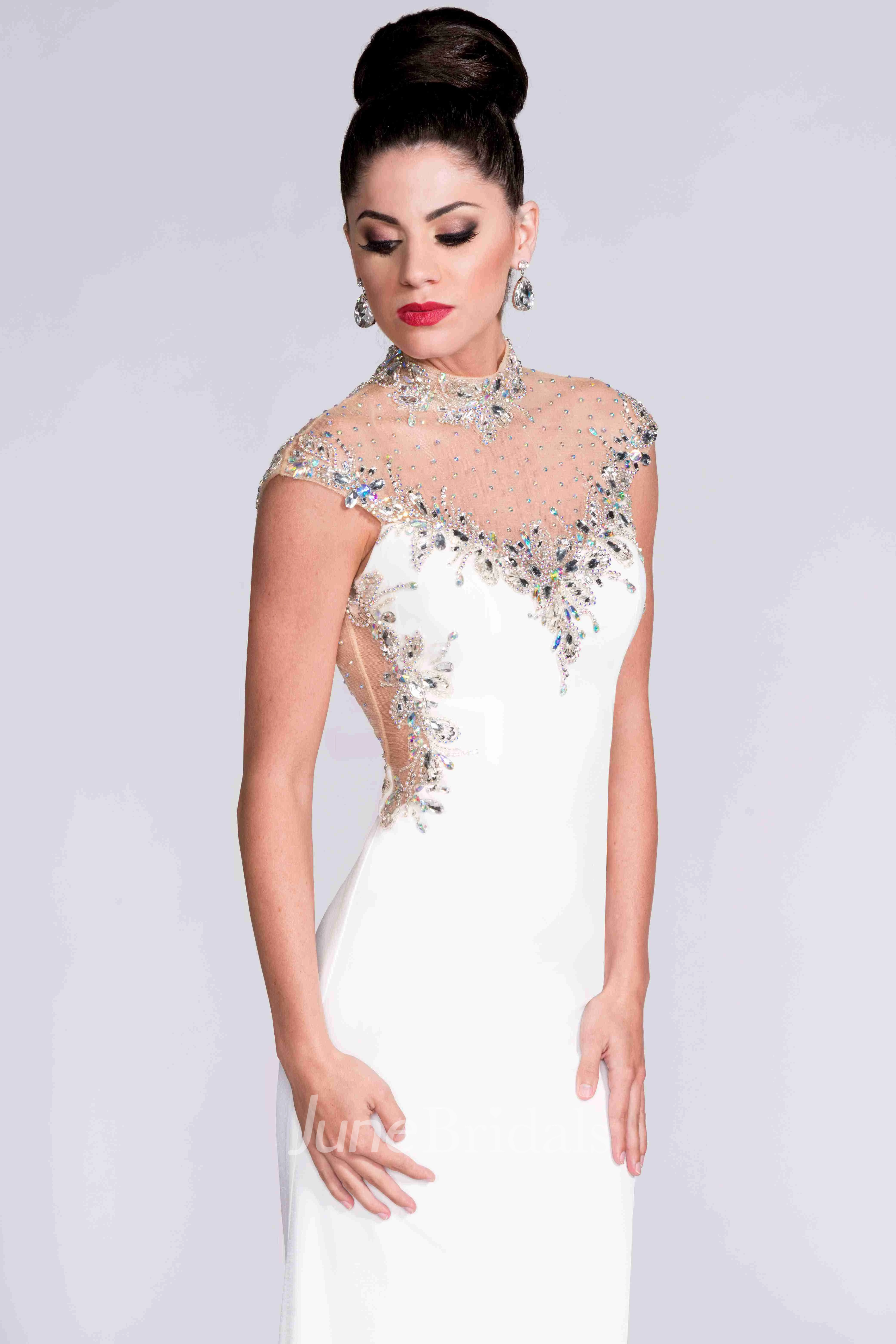 High Neck Cap Sleeve Keyhole Back Jersey Prom Dress With Shining Top