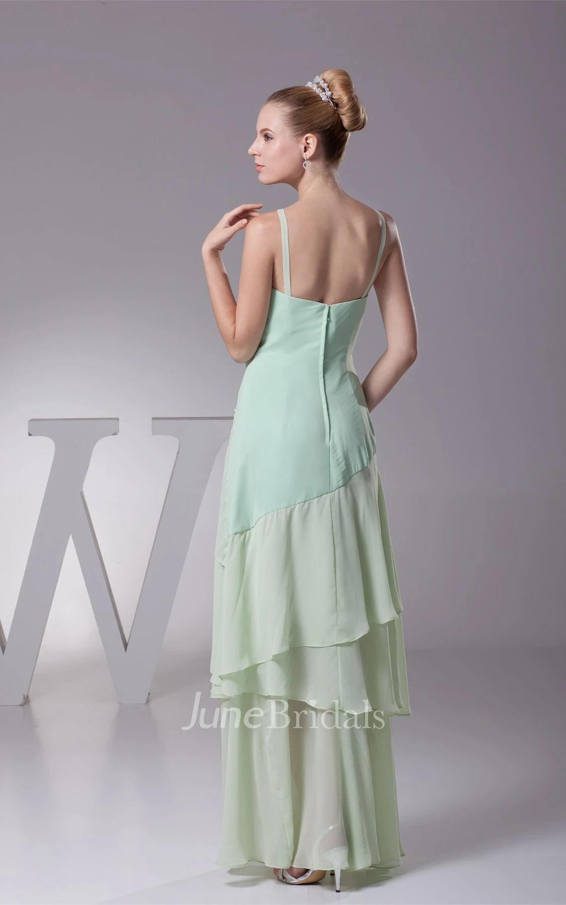 Spaghetti-Strap Plunged Chiffon Long Dress with Beading and Layers