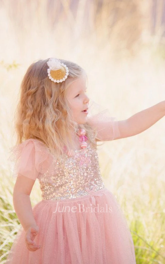 Cap Sleeve Beaded Bodice Tulle Dress With Flower