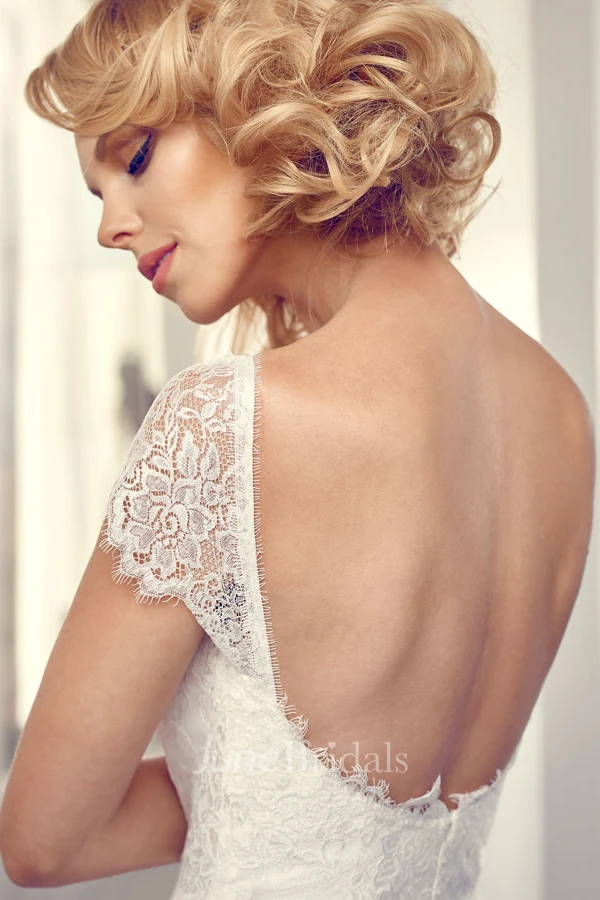 Long Square Cap-Sleeve Lace Chiffon Wedding Dress With V Back