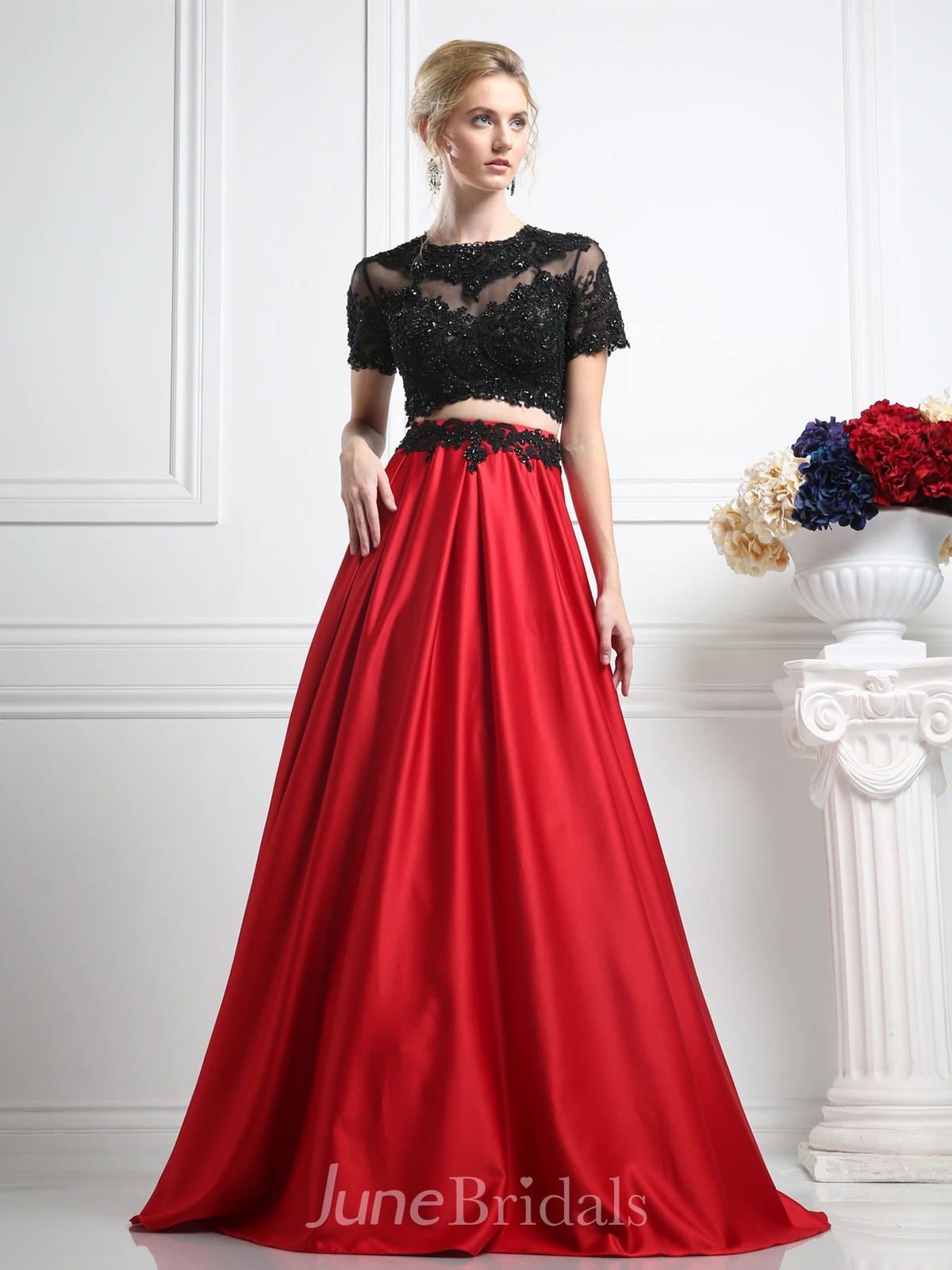 Two-Piece A-Line Maxi Jewel-Neck Short Sleeve Satin Illusion Dress With Appliques