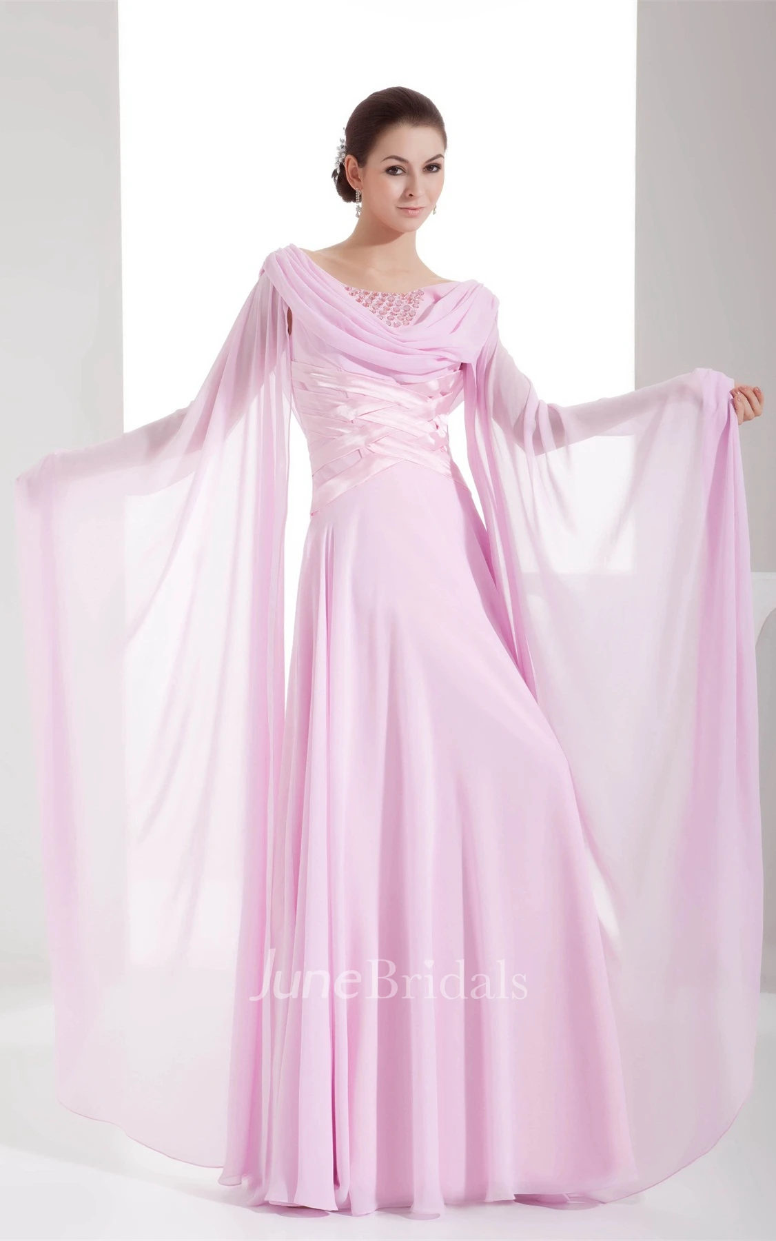 Cowl-Neck Chiffon Maxi Dress with Ruching and Stress