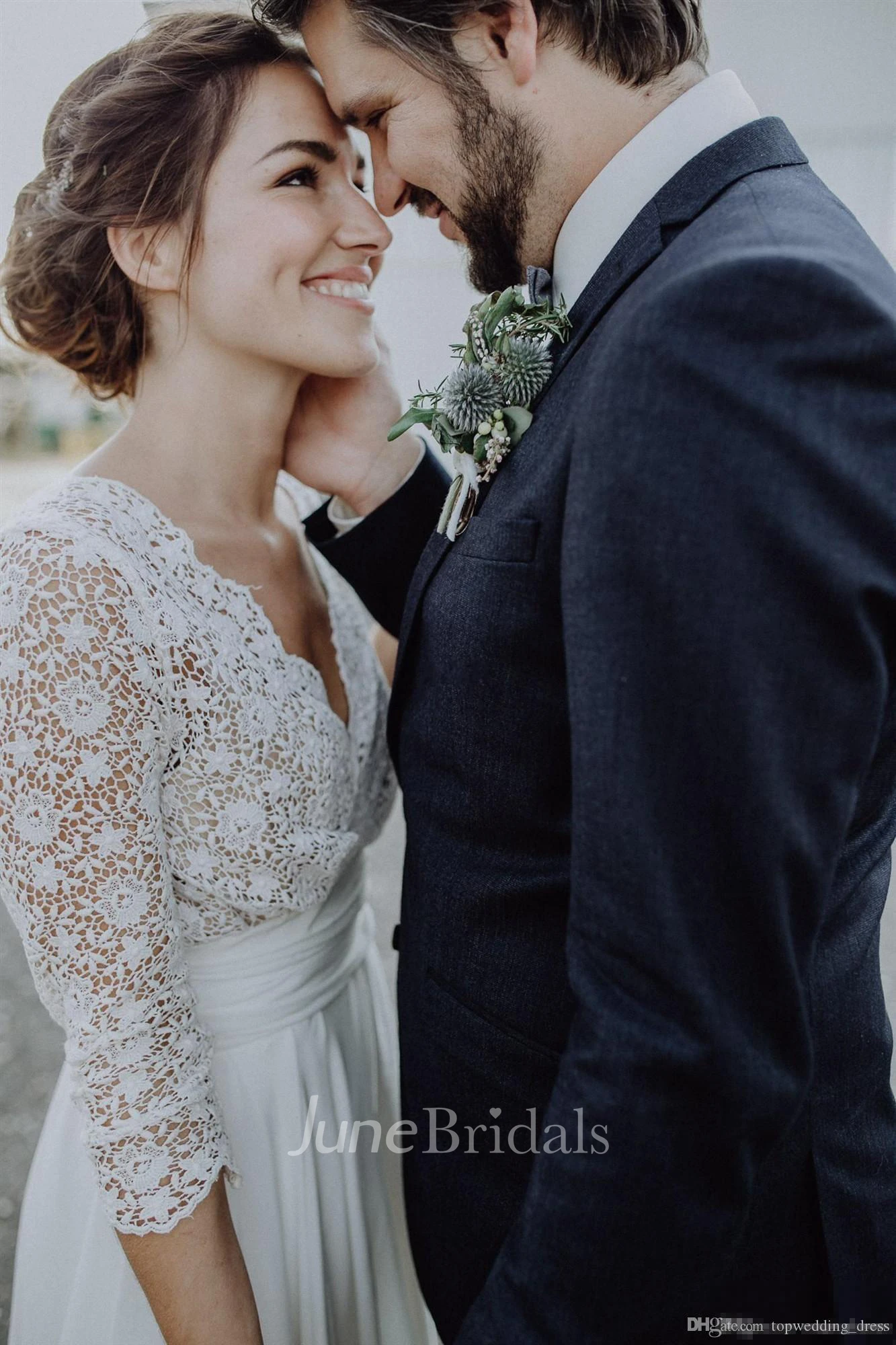 Ethereal Chiffon and Lace Scalloped Floor length Deep-V Back Bridal Gown