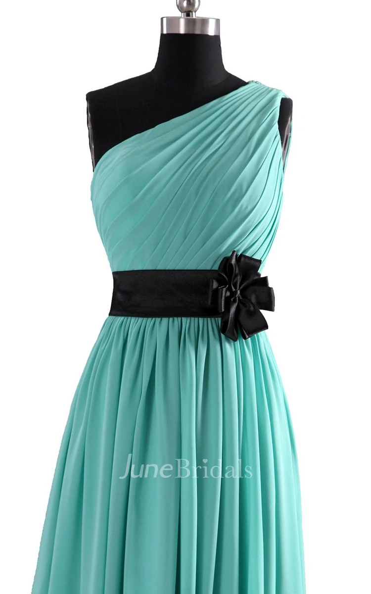 High-neck A-line Chiffon Dress With Satin Sash and Bow