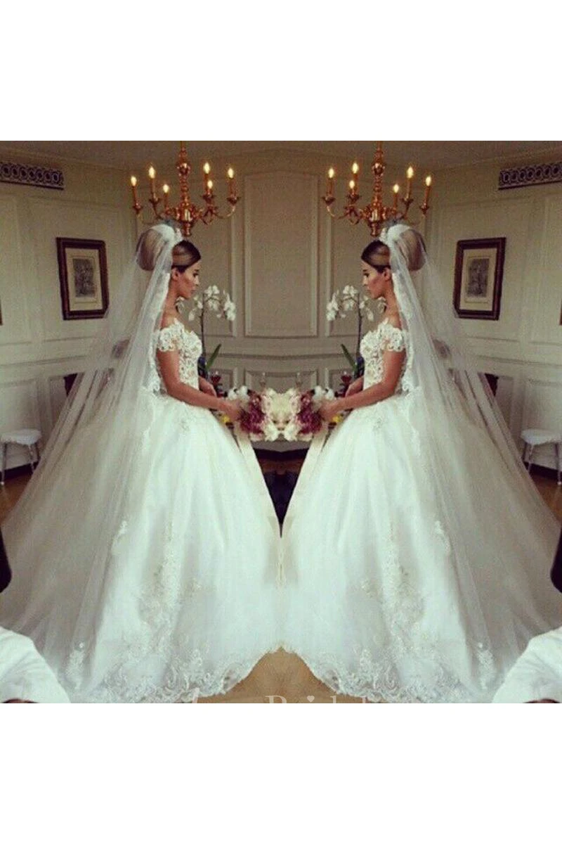 Glamorous Beadings Tulle Ball Gown Wedding Dress Off-the-shoulder Button Back