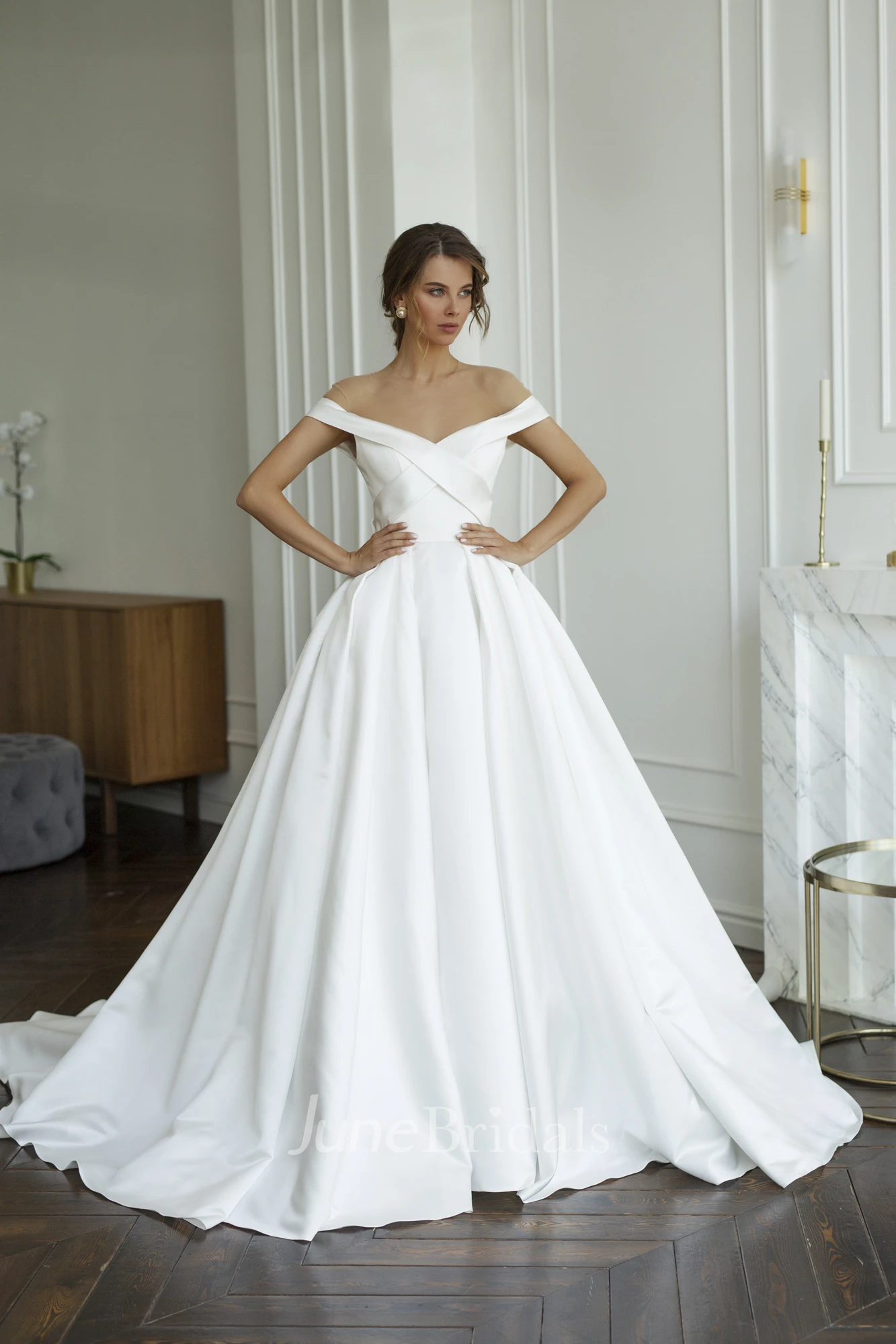 Criss Cross Off the shoulder Illusion Satin Wedding Dress With Illusion Keyhole Back And Buttons June Bridals