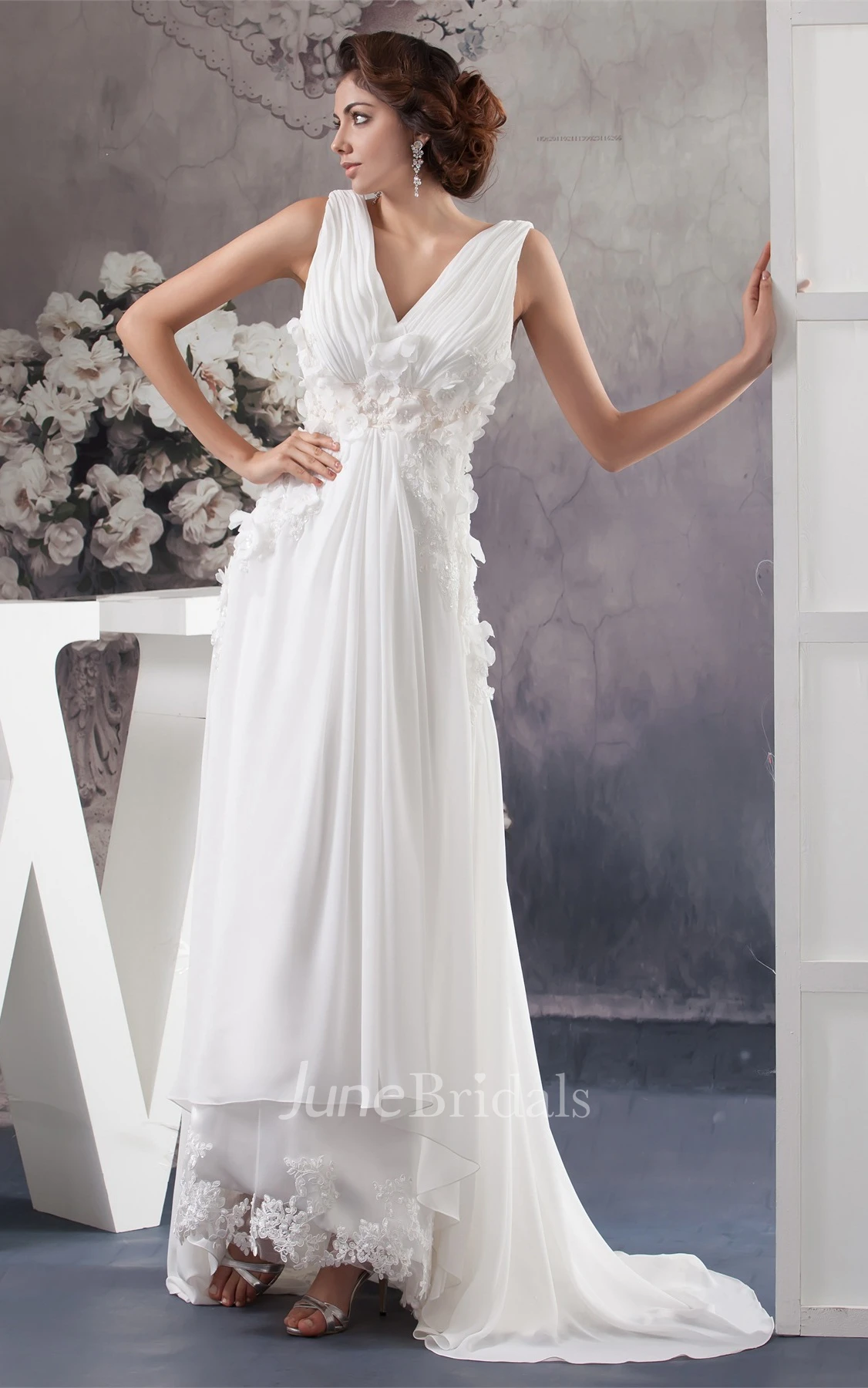 V-Neck Chiffon High-Low Dress with Ruching and Floral Waist