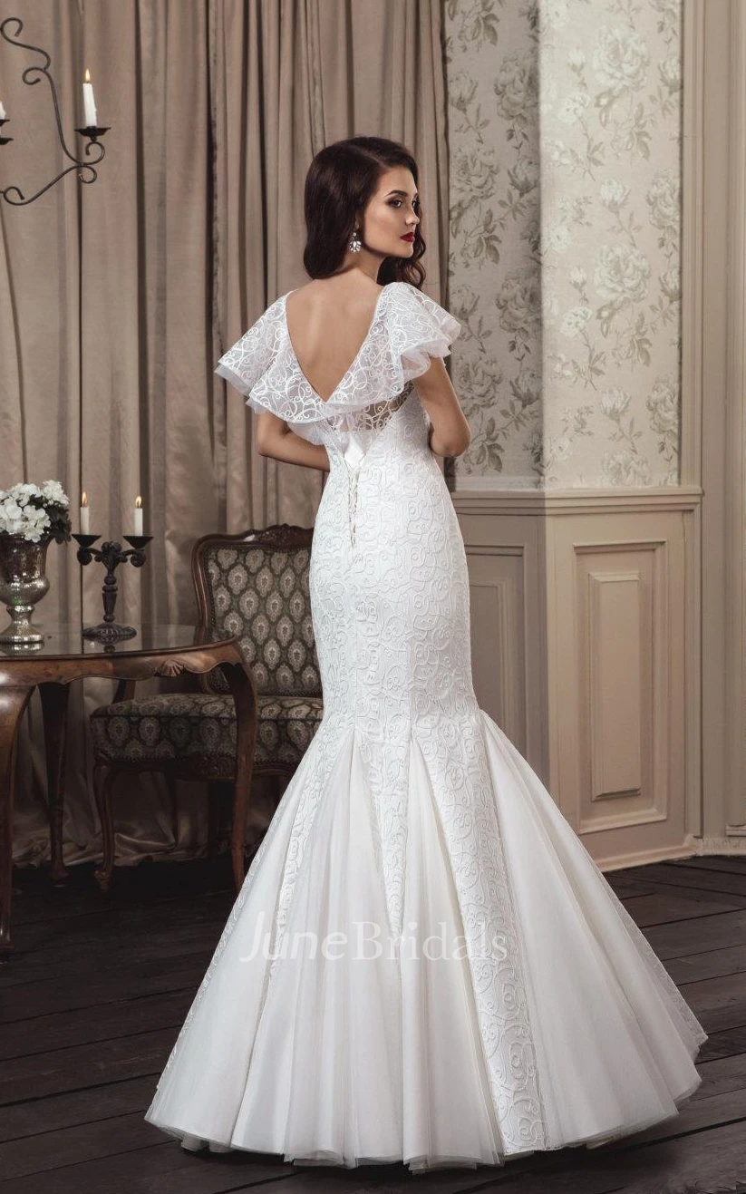 Mermaid Poet-Sleeve Lace Floor-Length Dress With Low-V Back