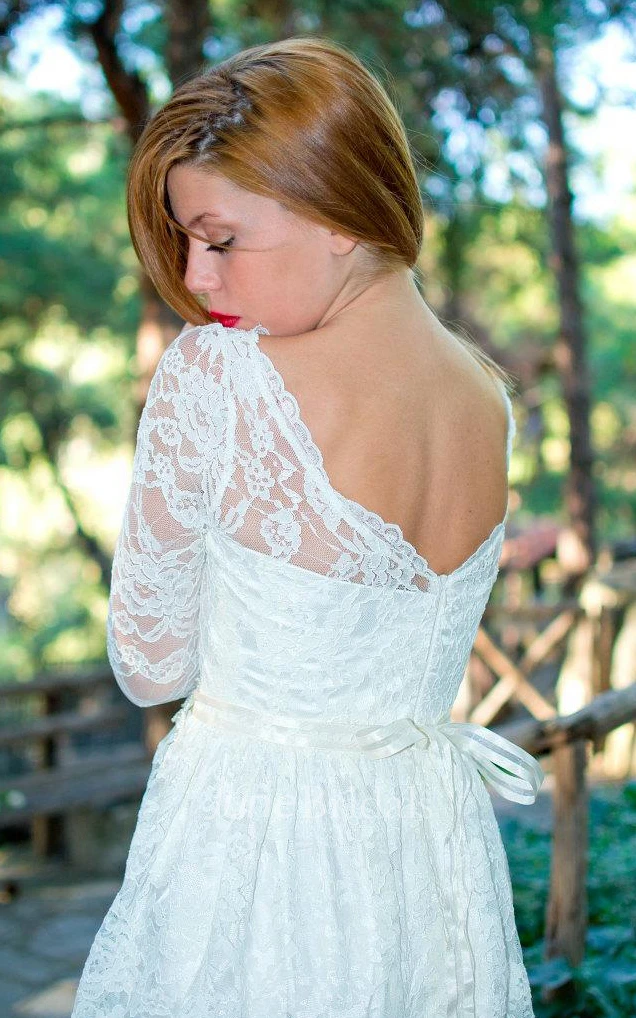 Bateau Illusion Sleeve Long Lace Wedding Dress With Sash And Low-V Back