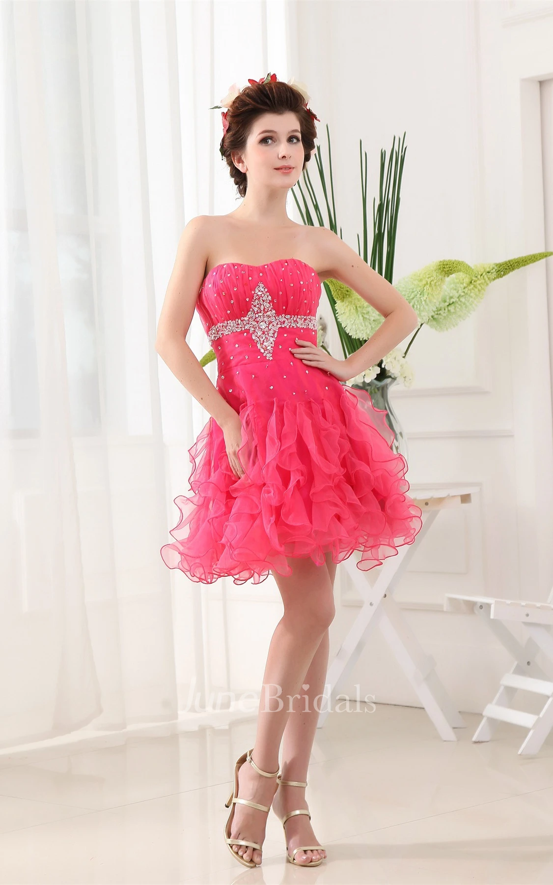 Strapless Mini-Length A-Line Gown with Crystal Detailing and Ruffles