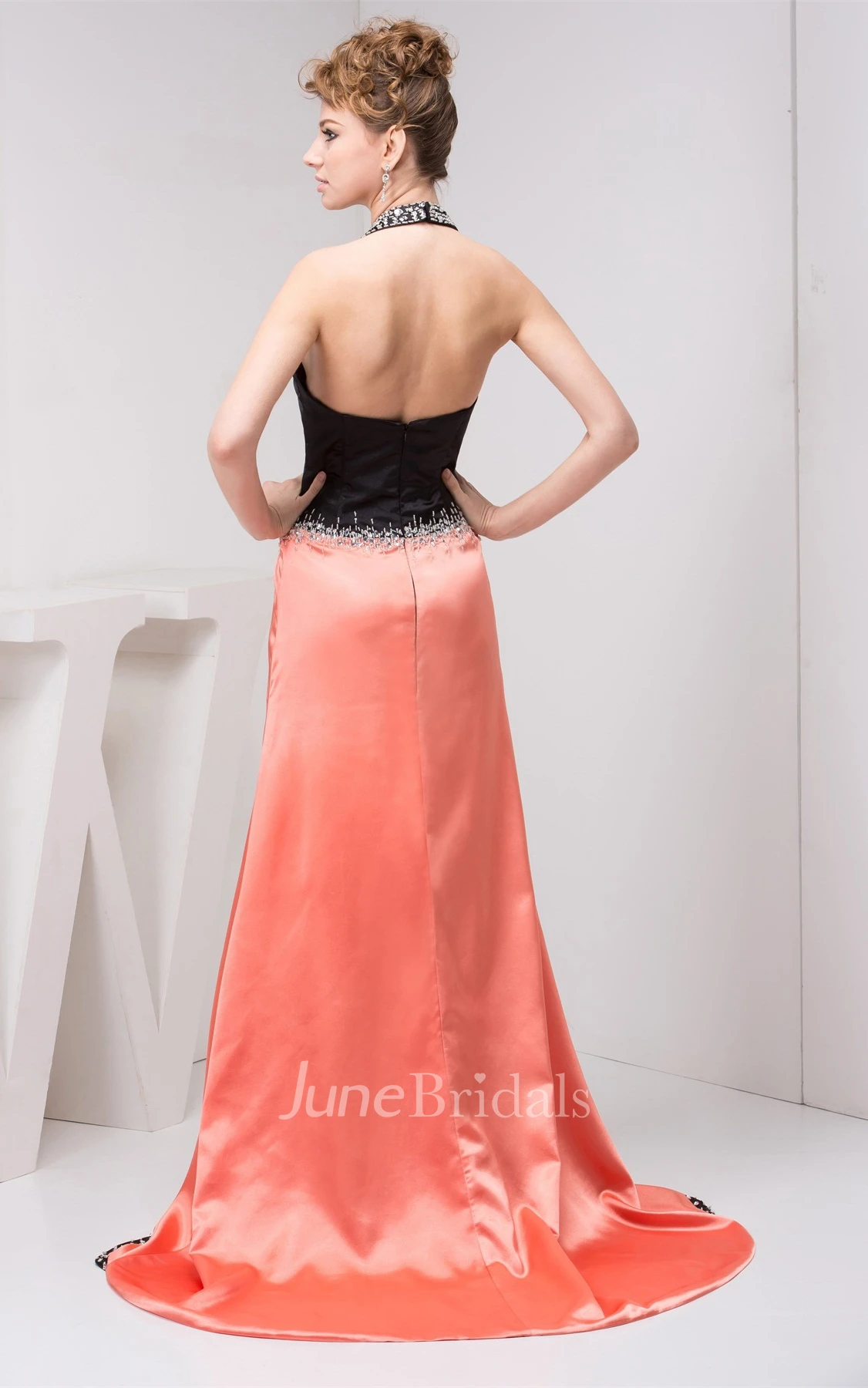 Two-Tone Front-Split Maxi Dress with Beading and Halter