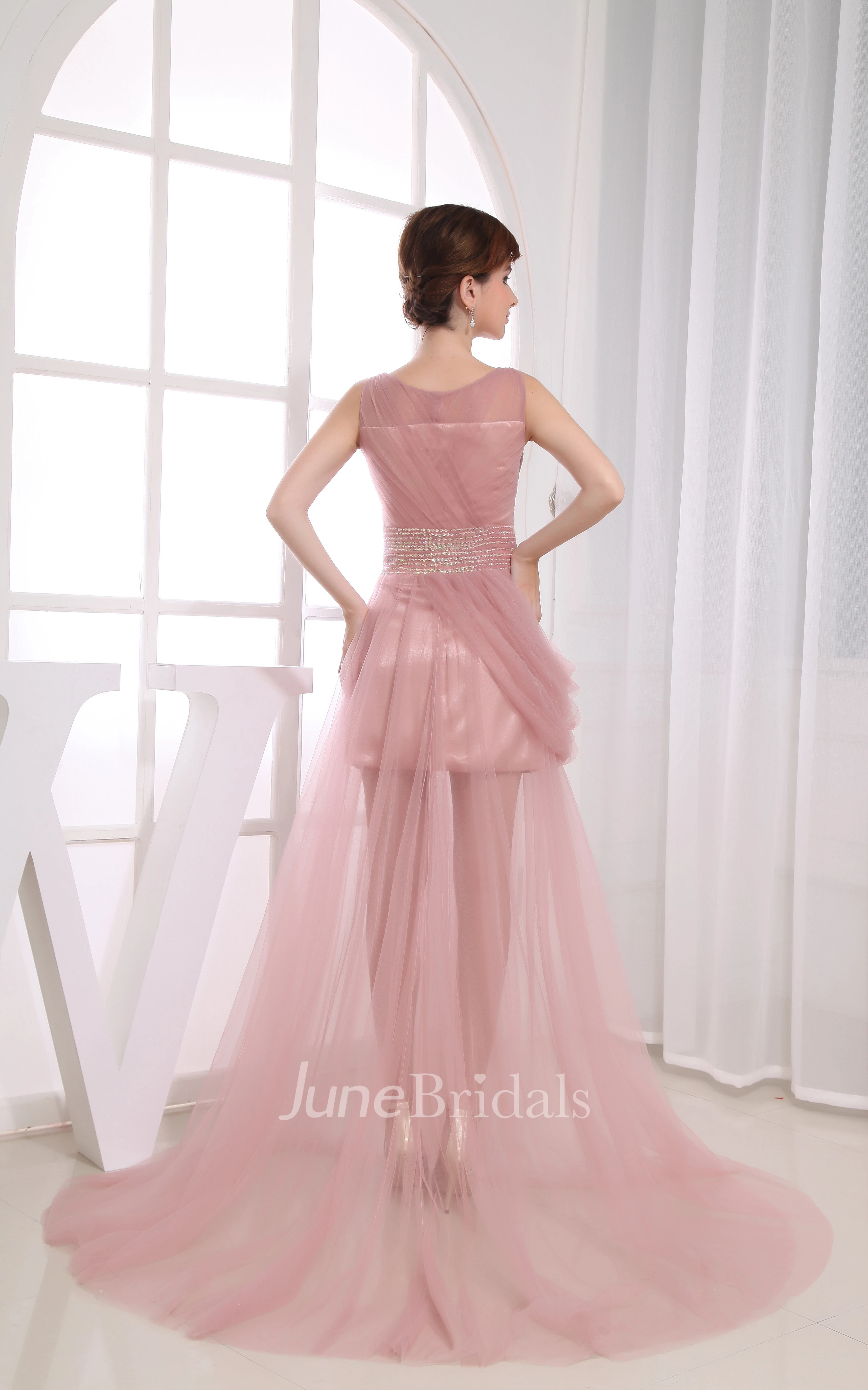 Bateau-Neck Sleeveless Dress With Tulle Overlay and Beaded Waist