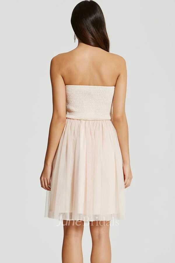Short Appliqued Strapless Tulle Bridesmaid Dress