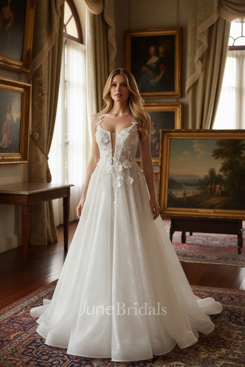 Ethereal Elopement A-Line Plunging Neck Lace Spring Wedding Dress Romantic Floral Sleeveless Backless Bridal Gown